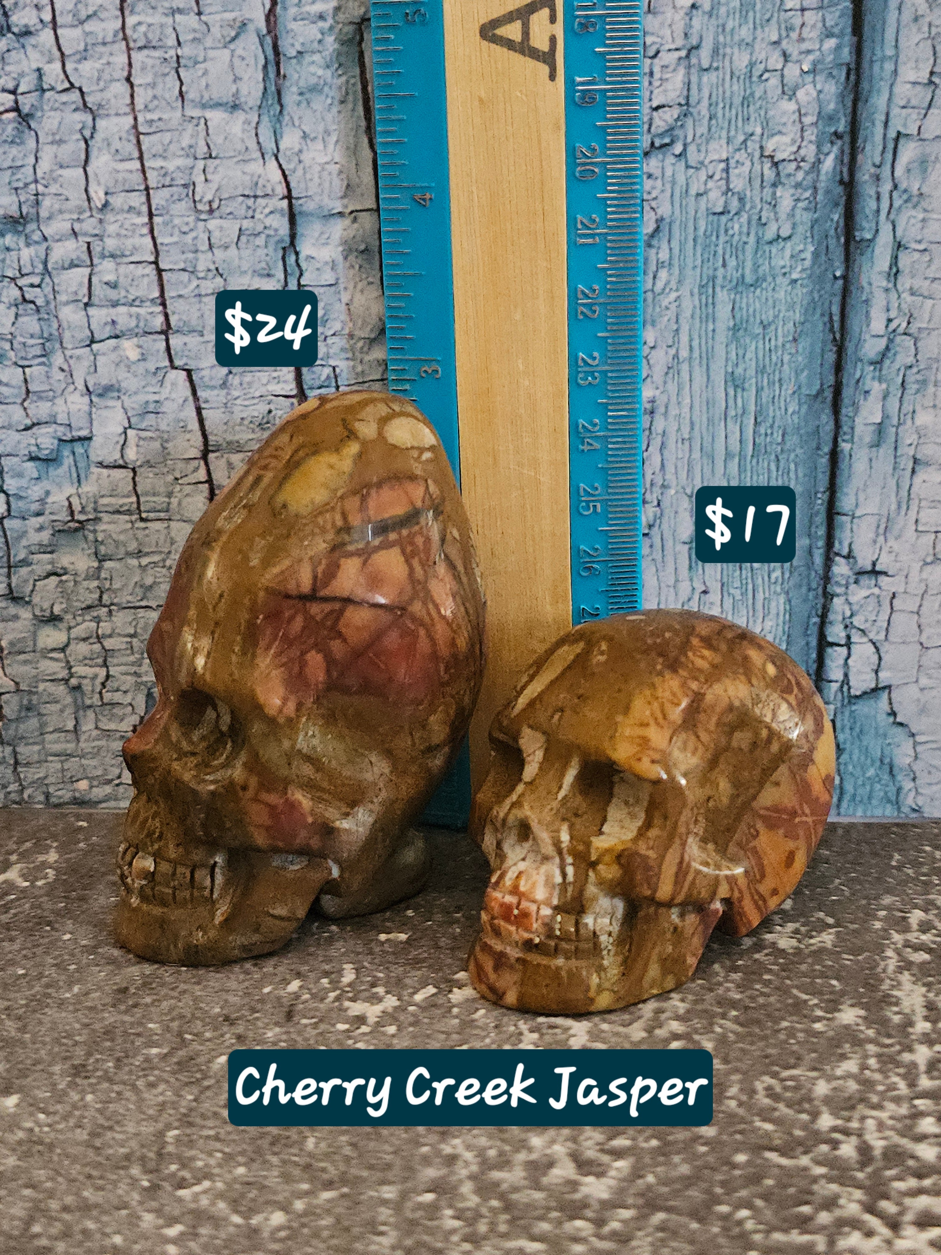 Red Creek jasper crystal skull carvings