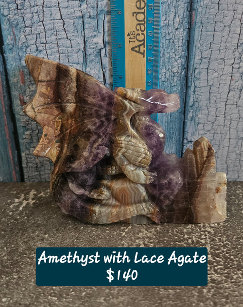 Amethyst and lace agate dragon crystal carving