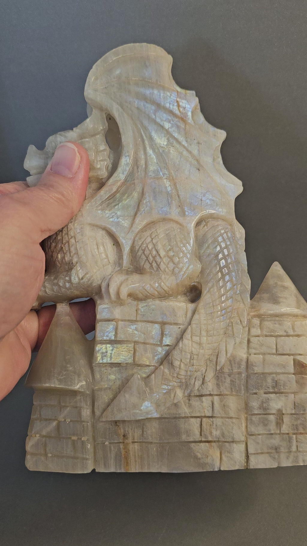 Peach Moonstone Dragon – Large Mythical Crystal Carving | 7.5 x 5 Inches
