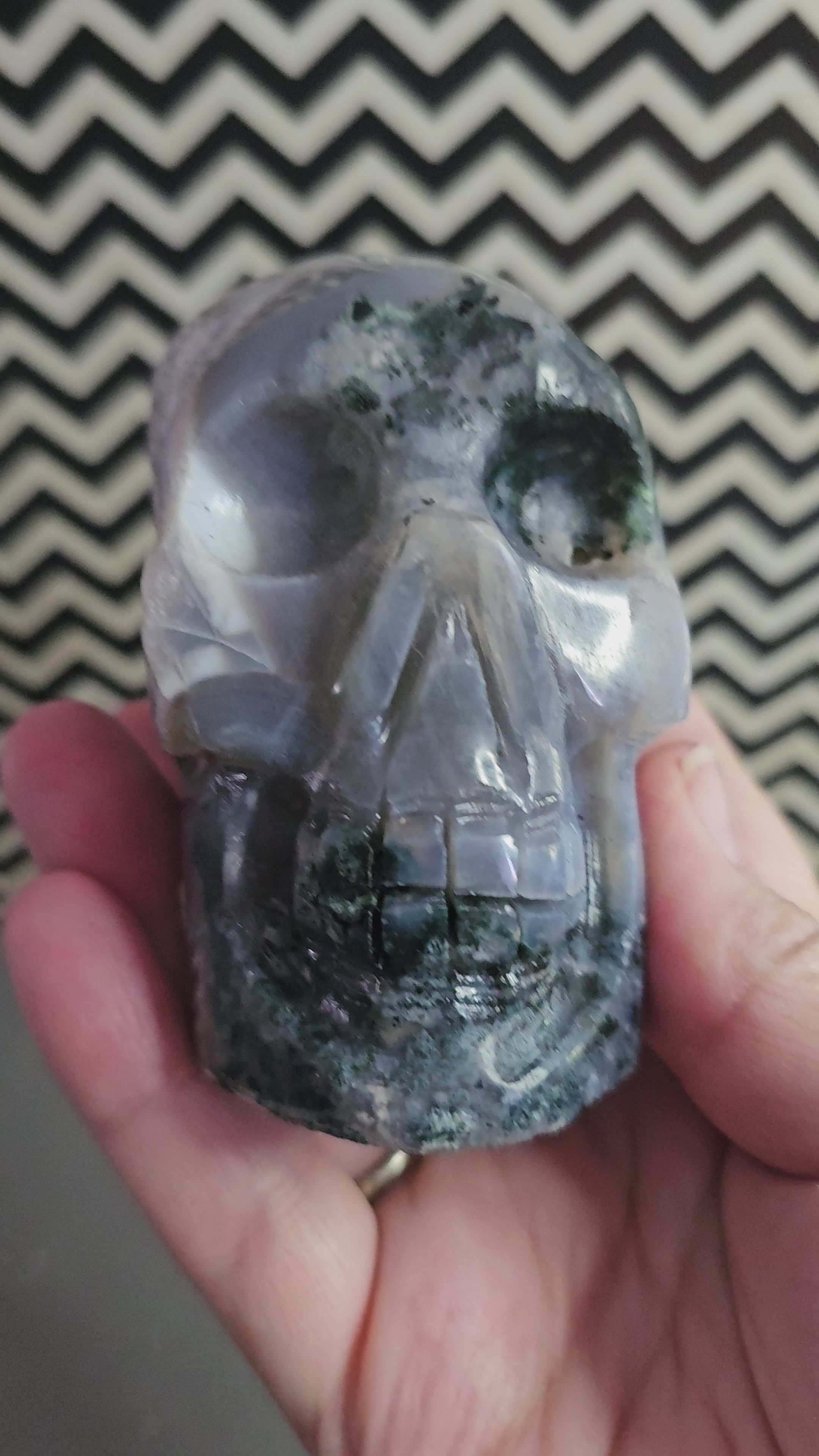 Brazilian Moss Agate Skull with Sugar Druzy