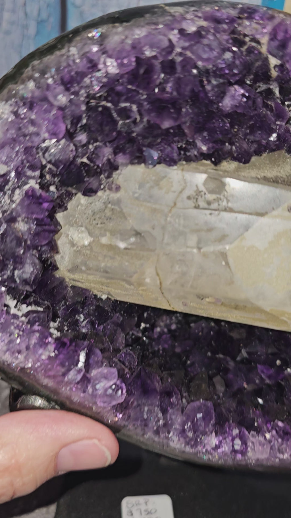 Amethyst Geode Half with UV Reactive Rod – Custom Metal Stand | 9 Inches