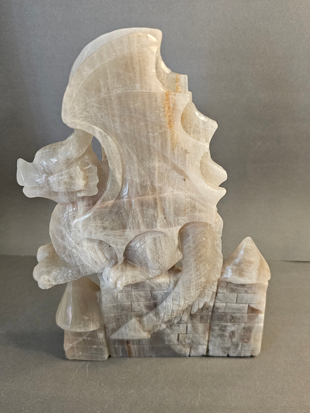Peach Moonstone Dragon – Large Mythical Crystal Carving | 7.5 x 5 Inches