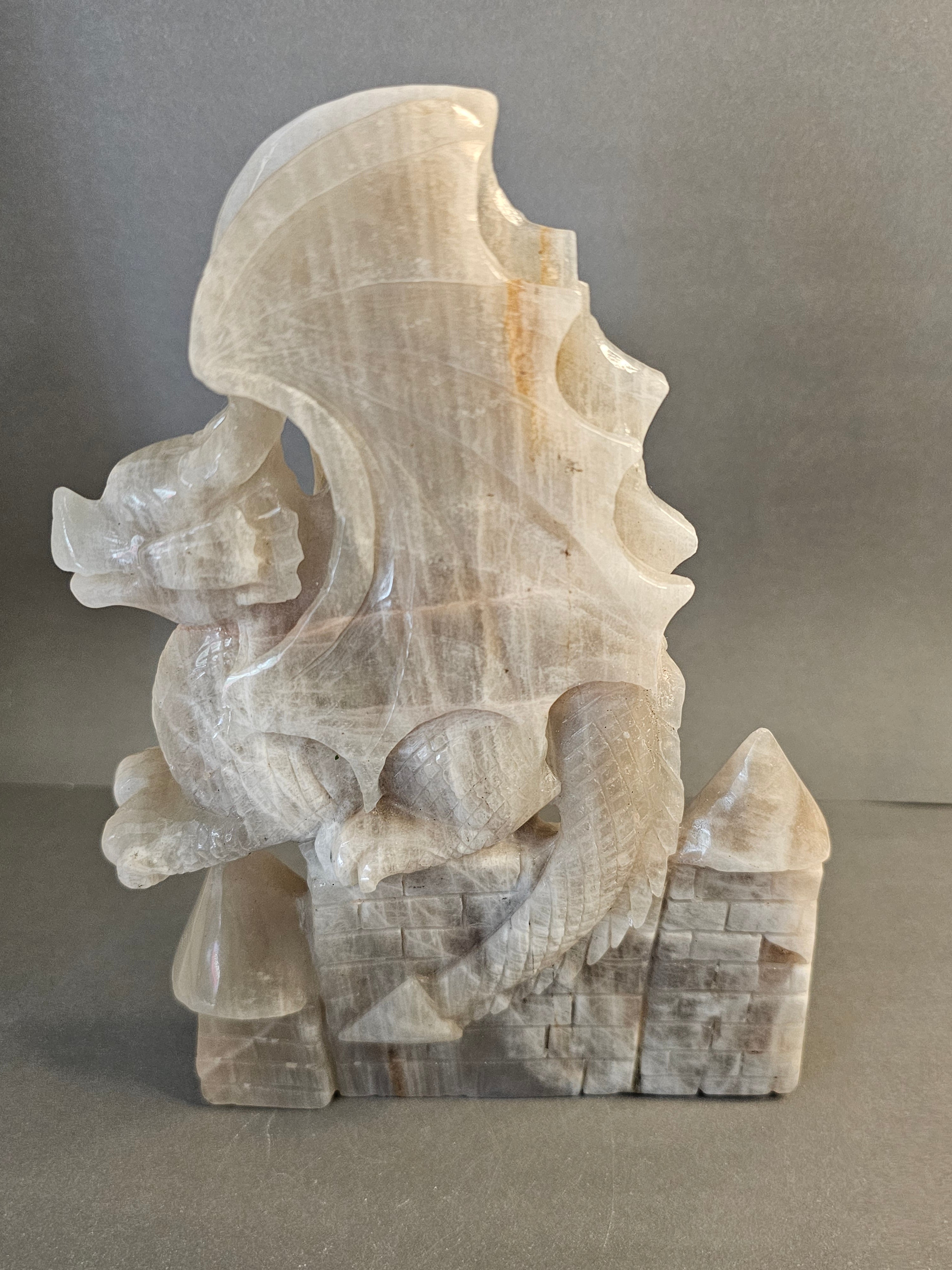 Peach Moonstone Dragon – Large Mythical Crystal Carving | 7.5 x 5 Inches