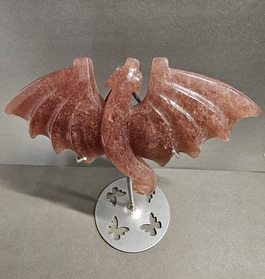 Strawberry Quartz Flying Dragon on Stand – 6x6 Inch Crystal Carving Flat Back