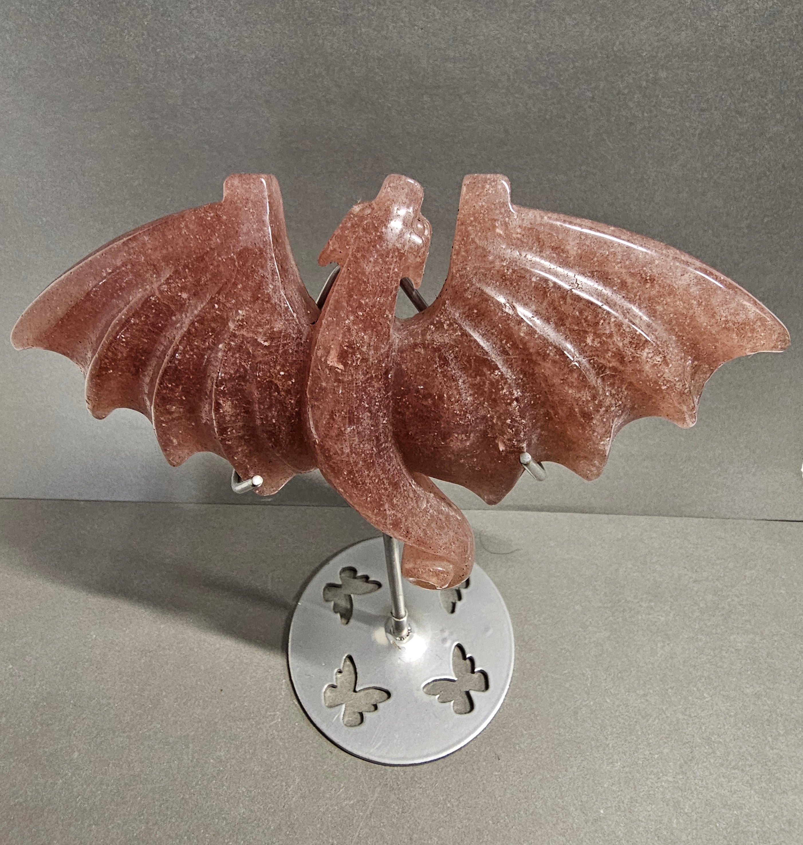 Strawberry Quartz Flying Dragon on Stand – 6x6 Inch Crystal Carving Flat Back