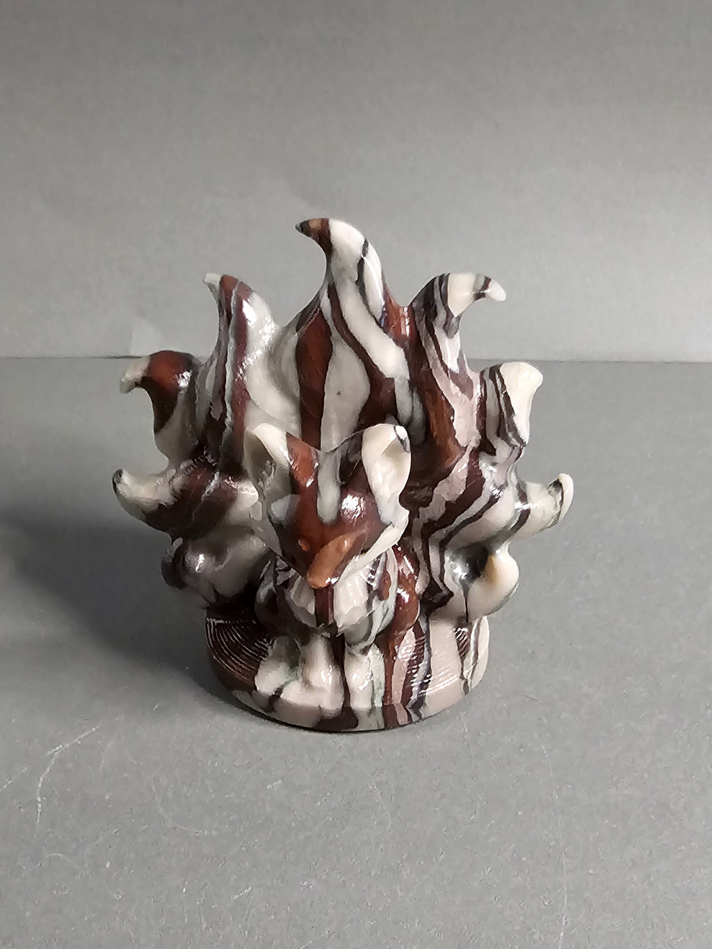 Brown Zebra Jade Nine-Tailed Fox Carving – 2.75" Mythical Spirit Figure