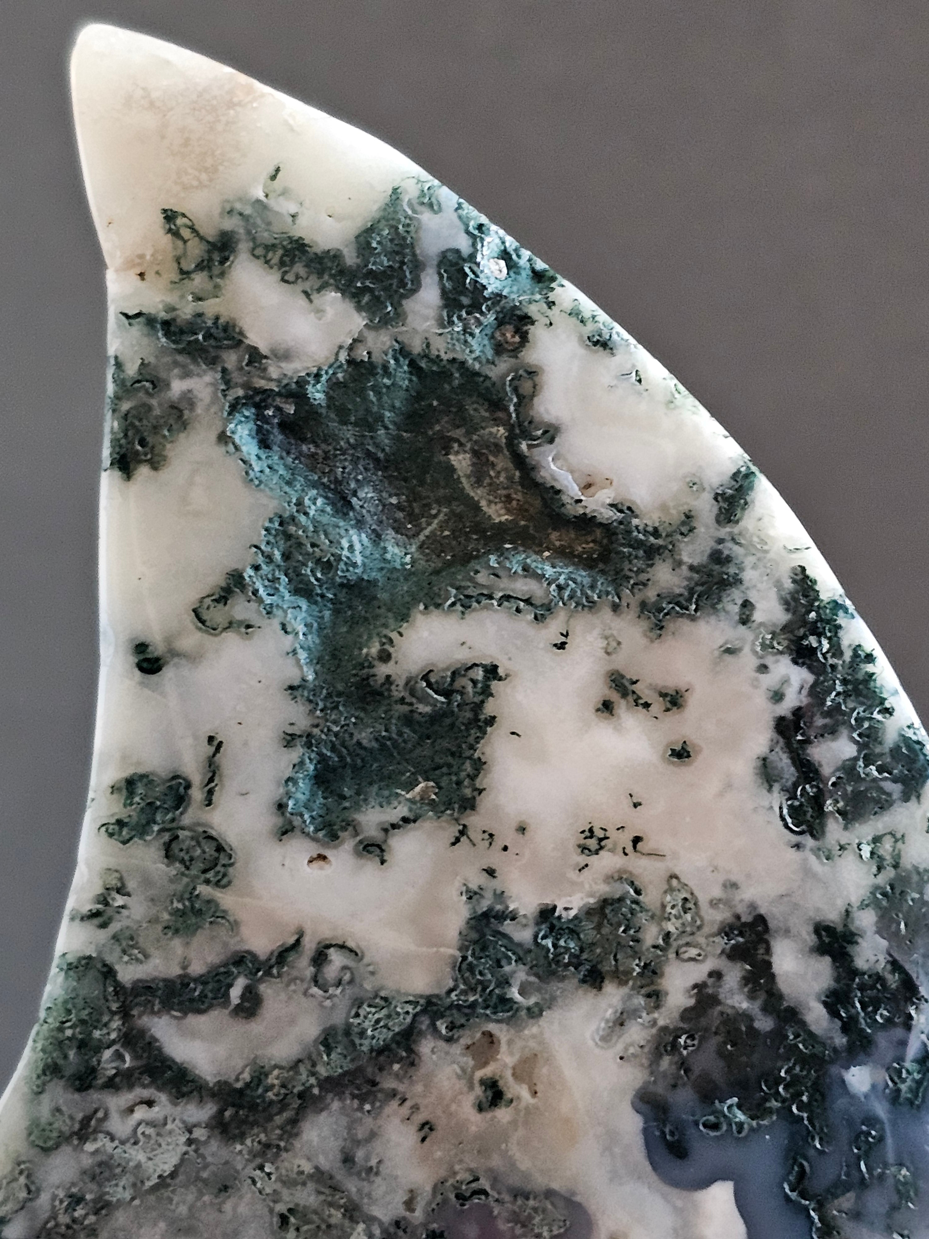 Moss Agate Moon on Stand – 8.5” Tall | Growth, Grounding & Lunar Energy Statement Piece