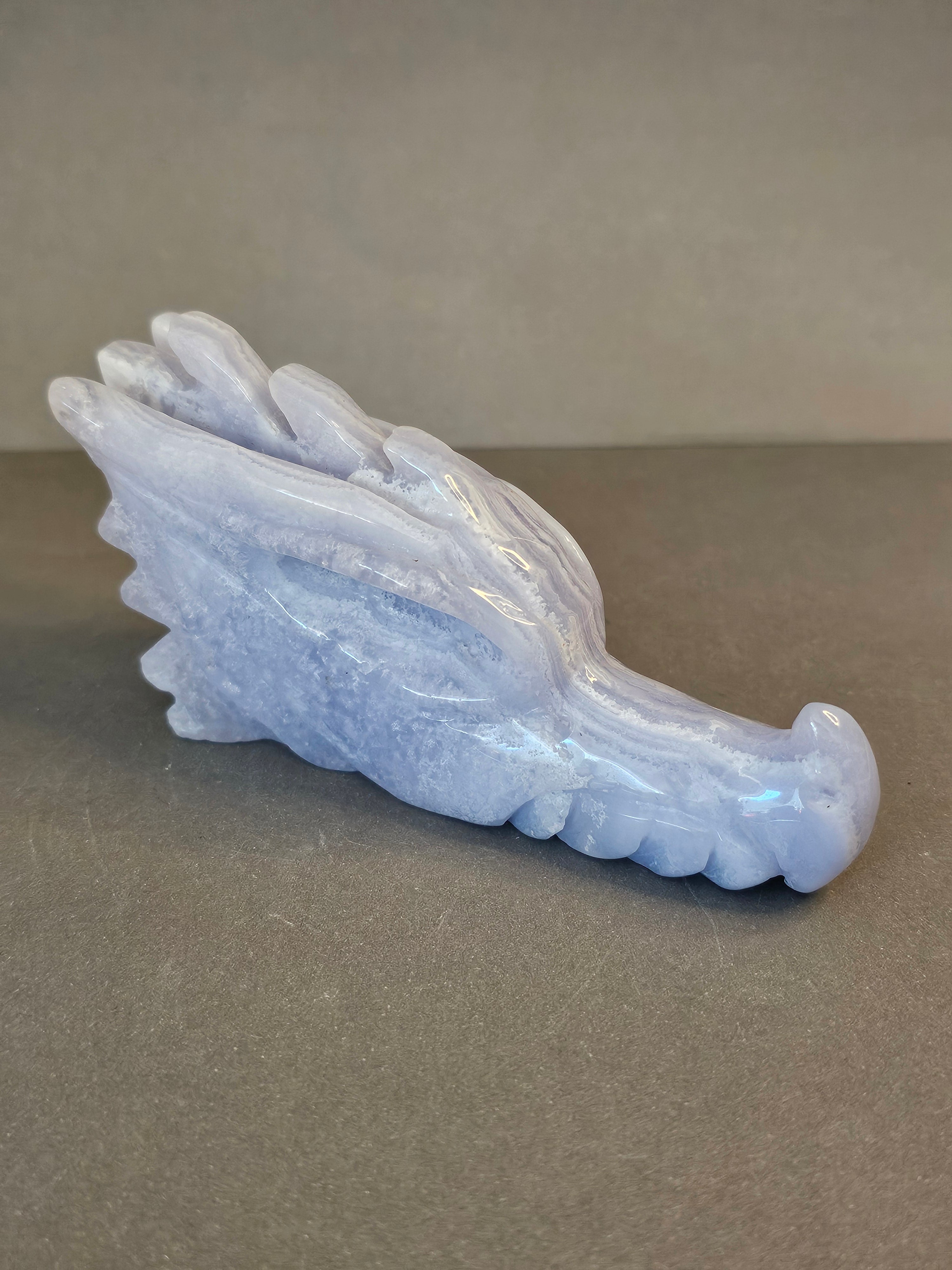 Blue Lace Agate Dragon Skull – Calm Strength & Clarity Crystal | 4 Inches Long