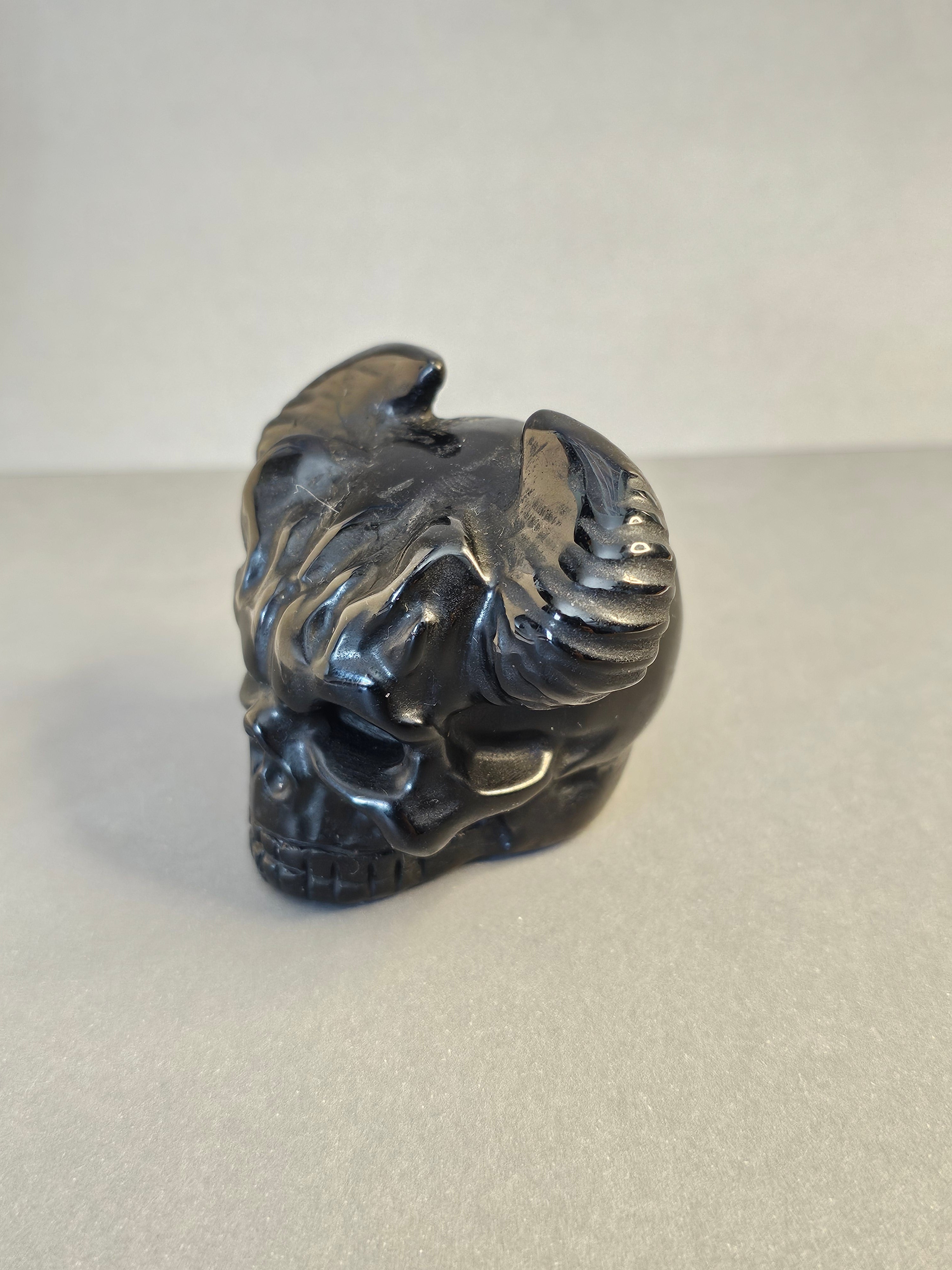 Obsidian Skull with Horns – Dark Protective Crystal Carving | 2.25 Inches