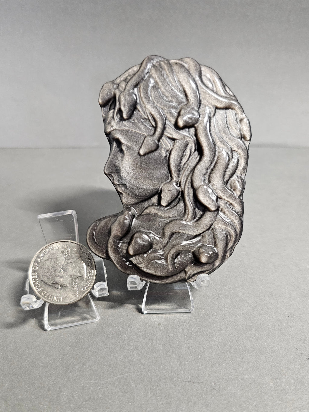 Silversheen Obsidian Medusa Side Profile – 3.25 Inch Crystal Carving with Stand
