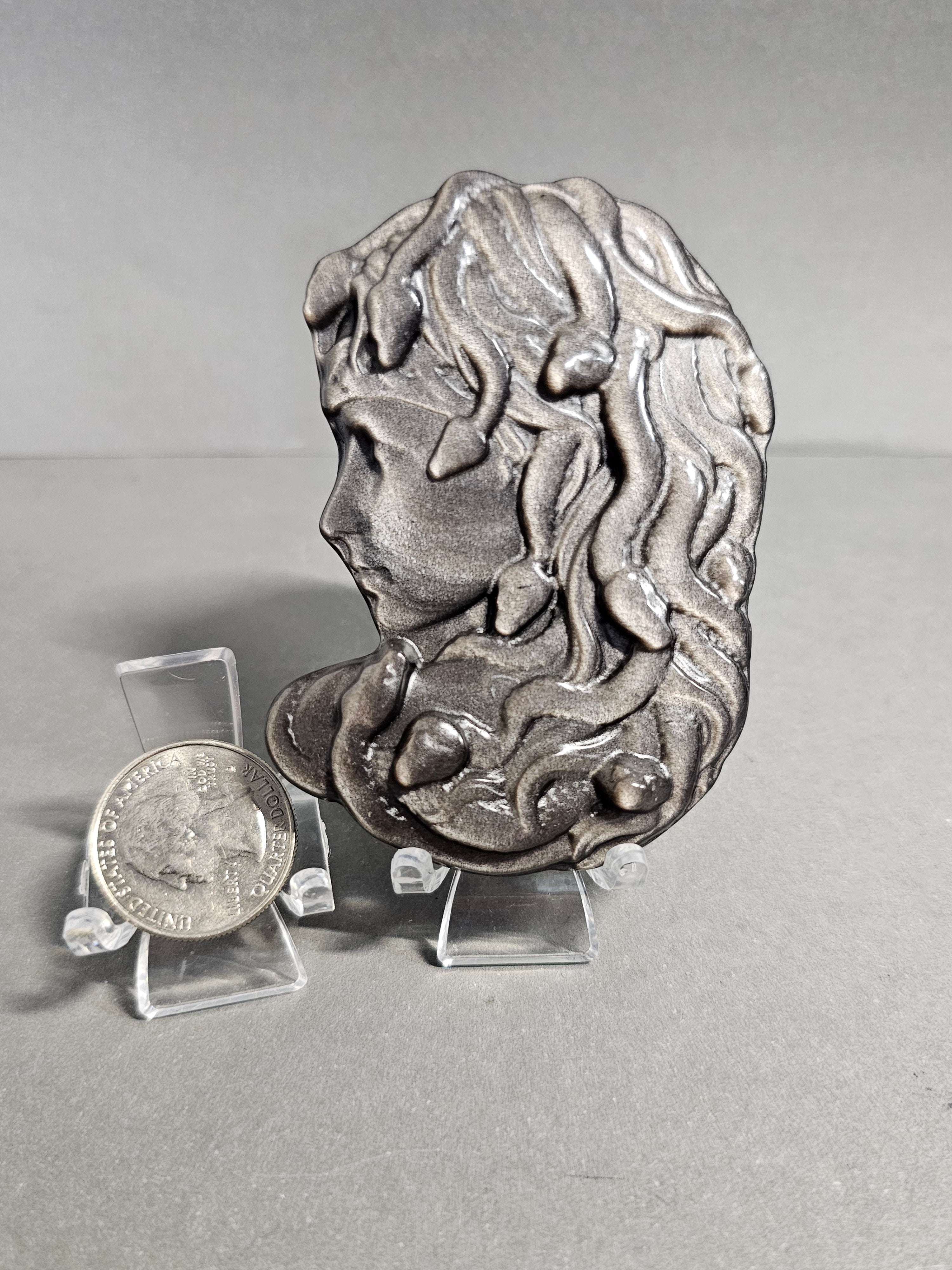 Silversheen Obsidian Medusa Side Profile – 3.25 Inch Crystal Carving with Stand