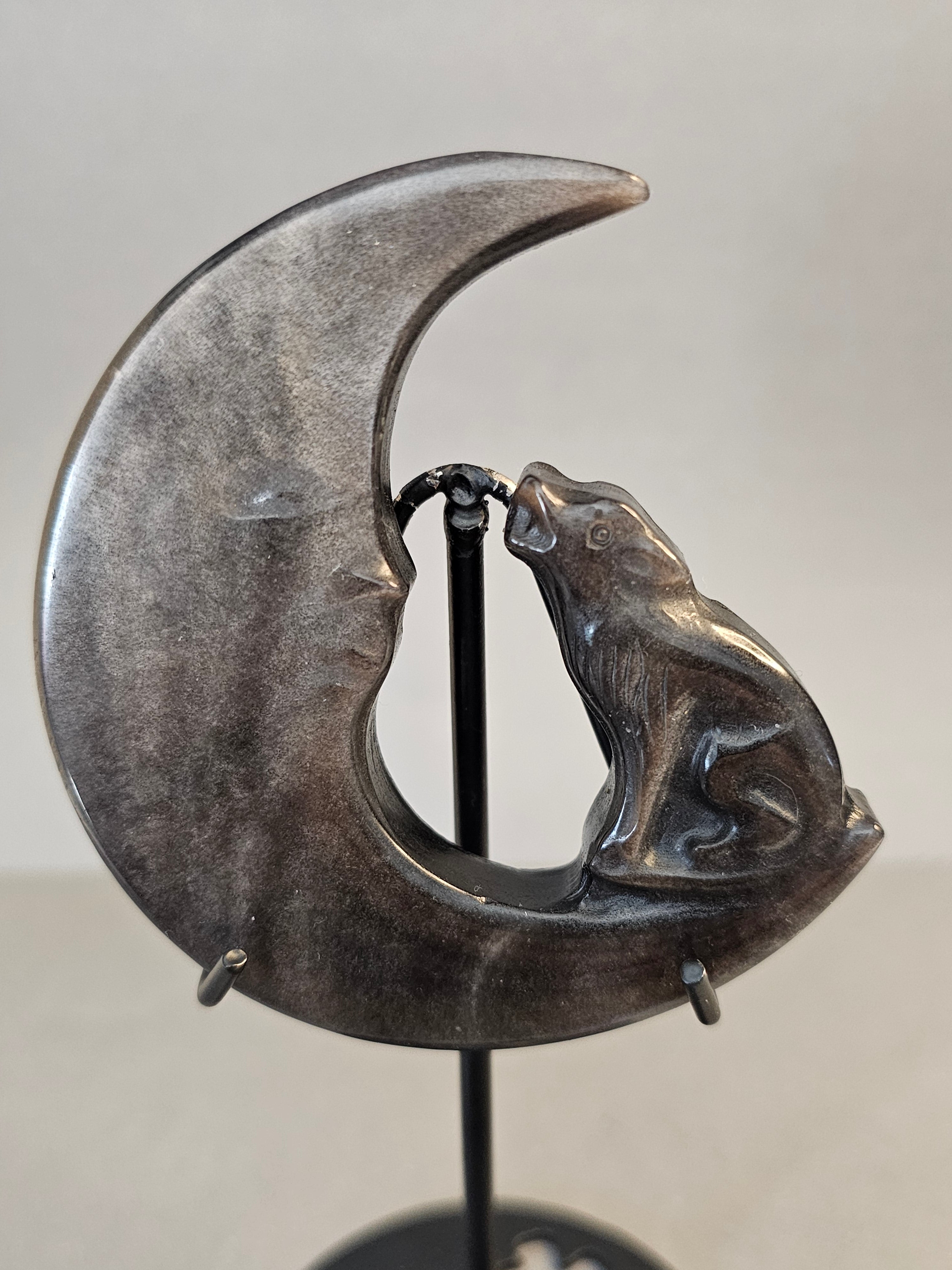 Silver Sheen Obsidian Howling Wolf on Moon – Intuition & Protection Crystal | 6 Inches on Stand