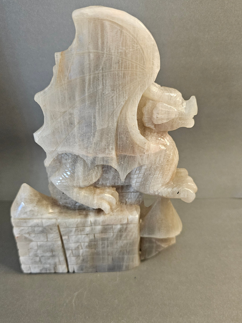 Peach Moonstone Dragon – Large Mythical Crystal Carving | 7.5 x 5 Inches