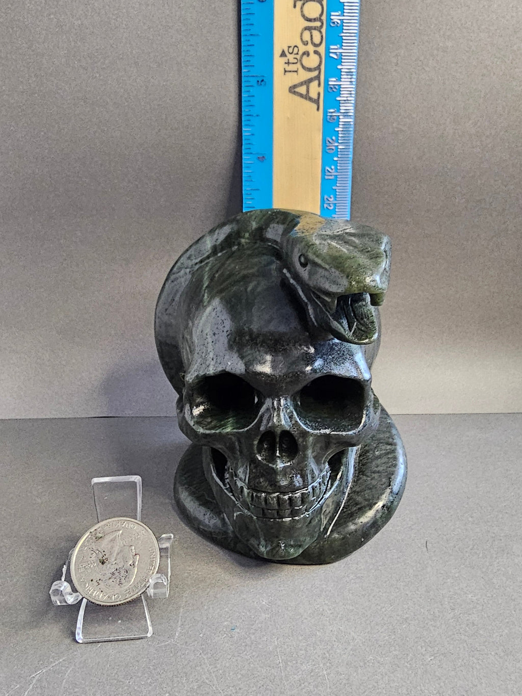 Dark Green Jade Skull with Snake Carving – 4 Inch Crystal Skull