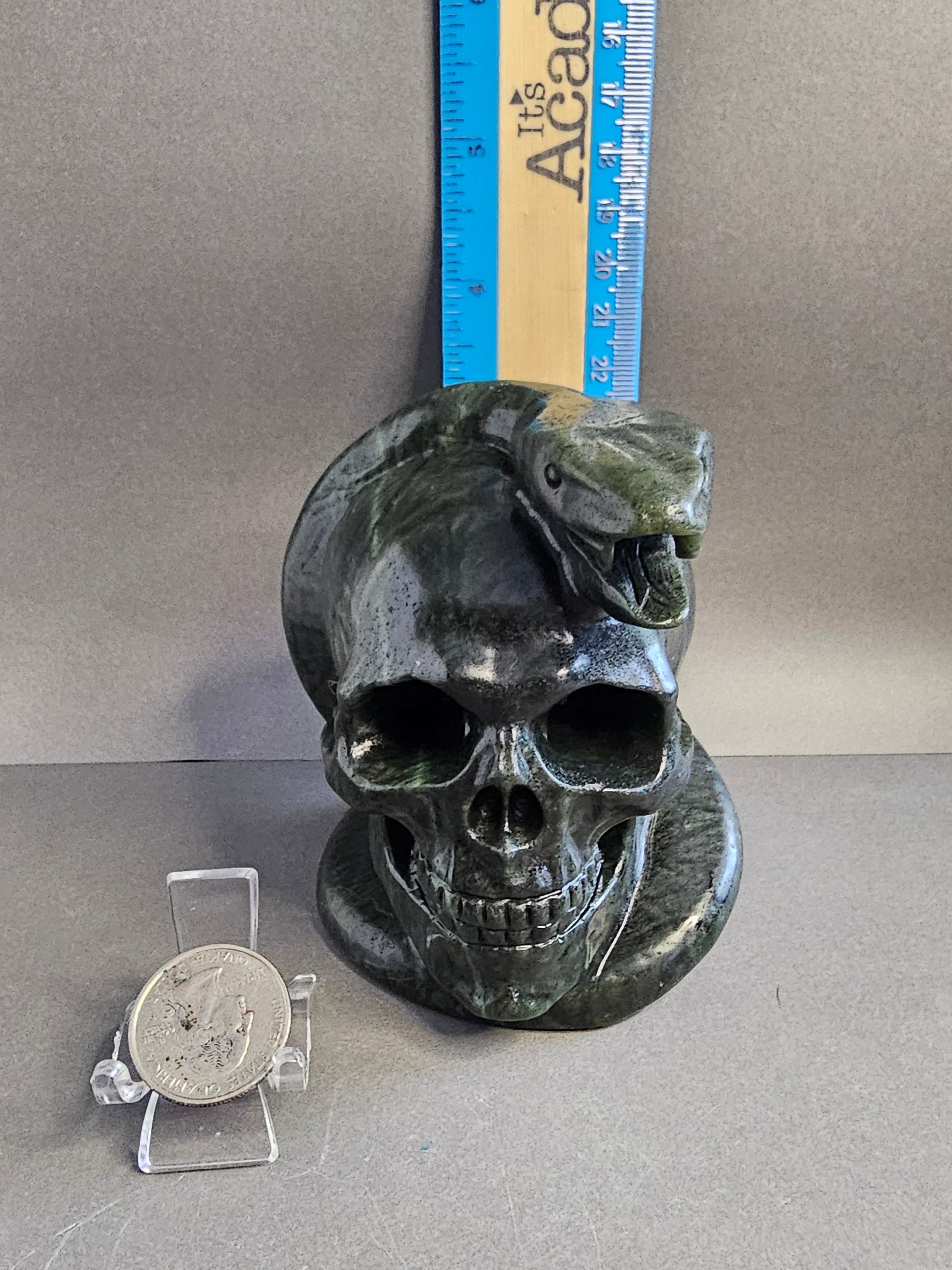 Dark Green Jade Skull with Snake Carving – 4 Inch Crystal Skull