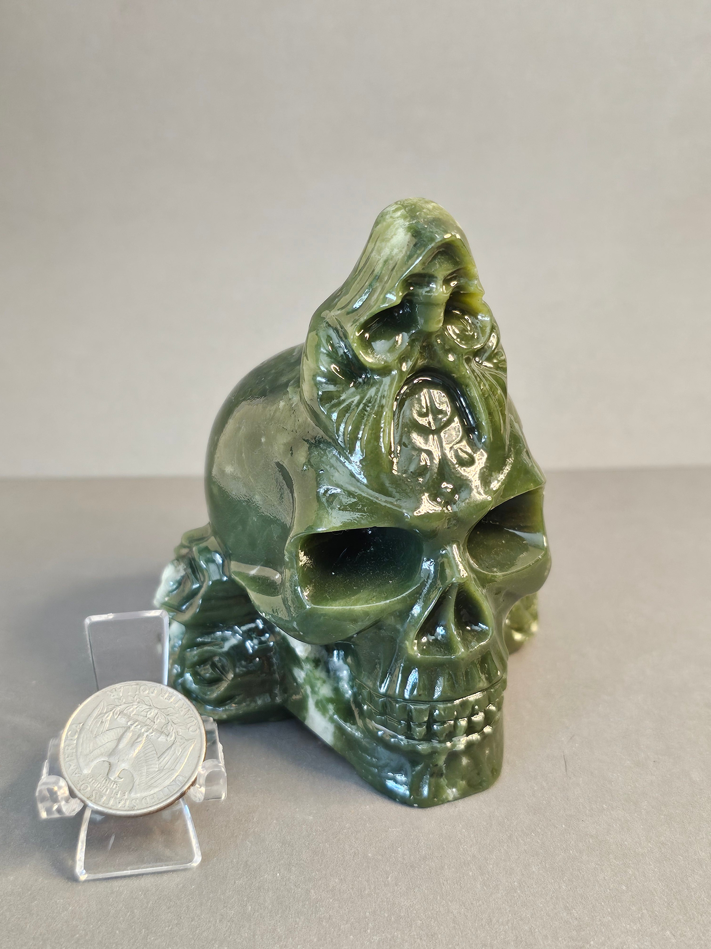 Jade Reaper on Skull – Guardian of Transition Crystal Carving | 4 Inches