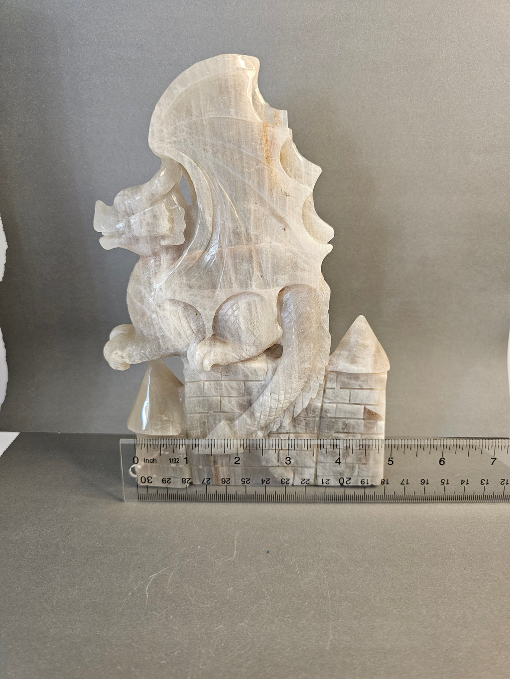 Peach Moonstone Dragon – Large Mythical Crystal Carving | 7.5 x 5 Inches