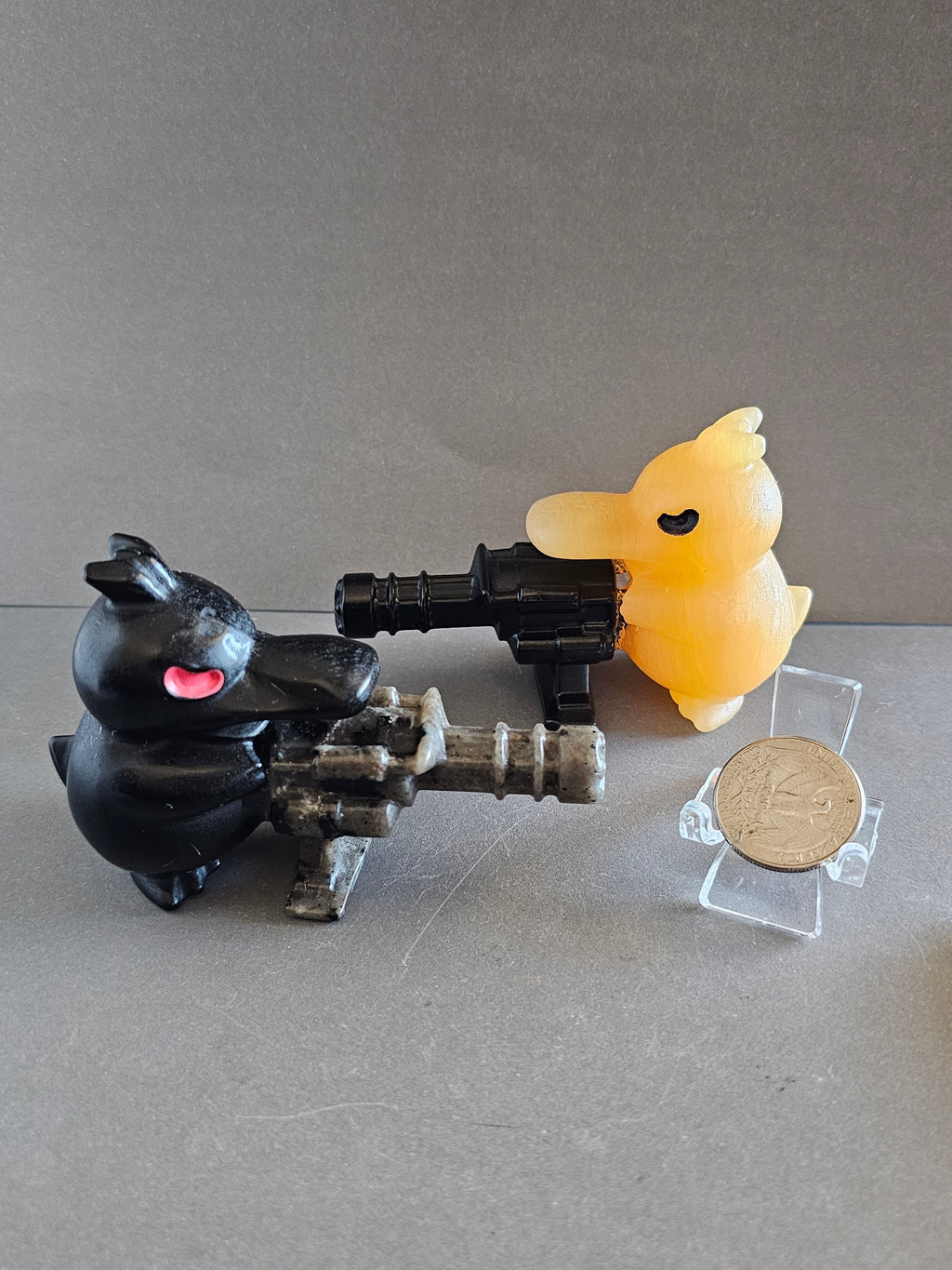 Duck with Machine Gun – Novelty Crystal Carving | Calcite & Obsidian Options | 2.25 Inches
