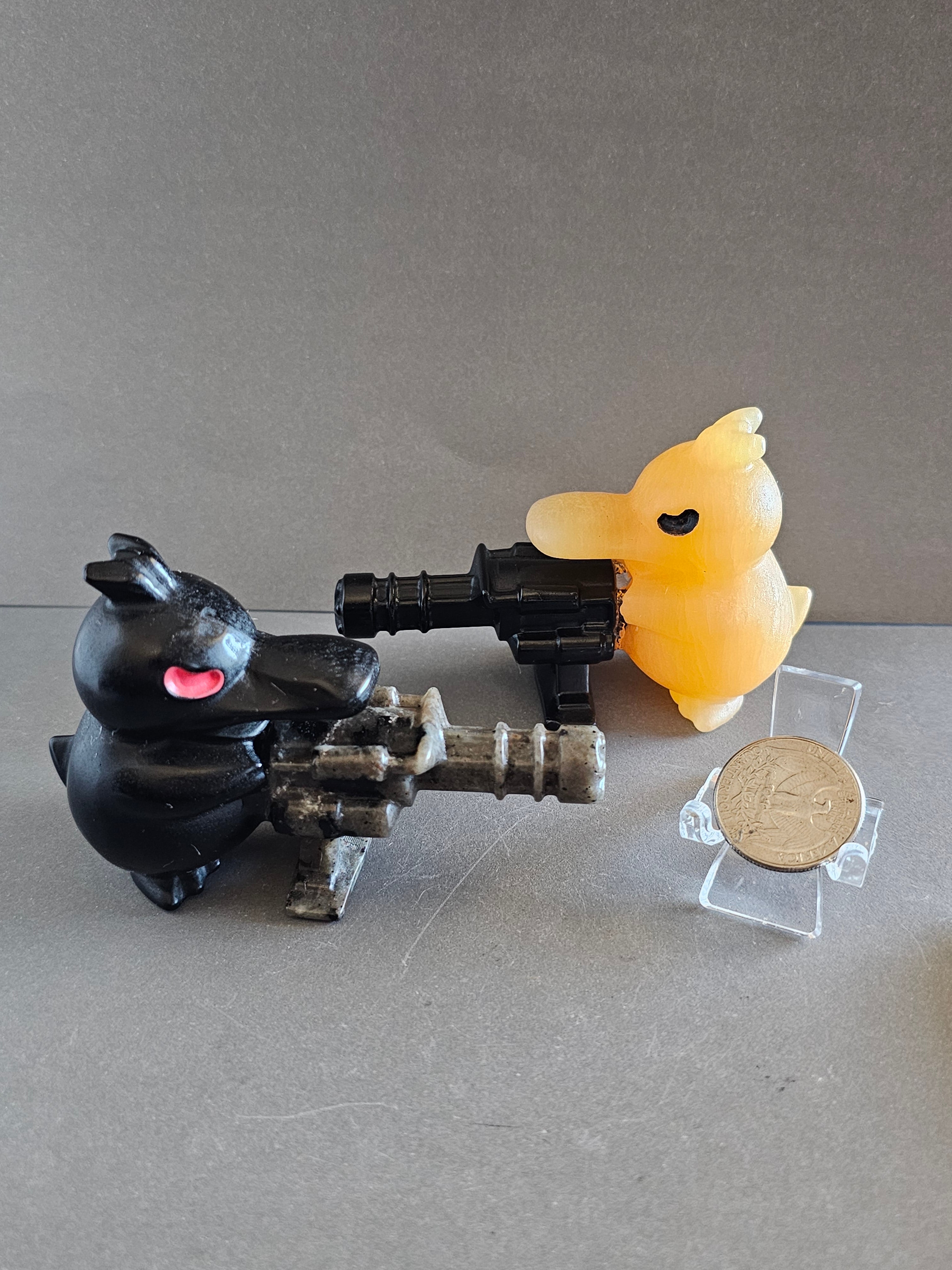 Duck with Machine Gun – Novelty Crystal Carving | Calcite & Obsidian Options | 2.25 Inches