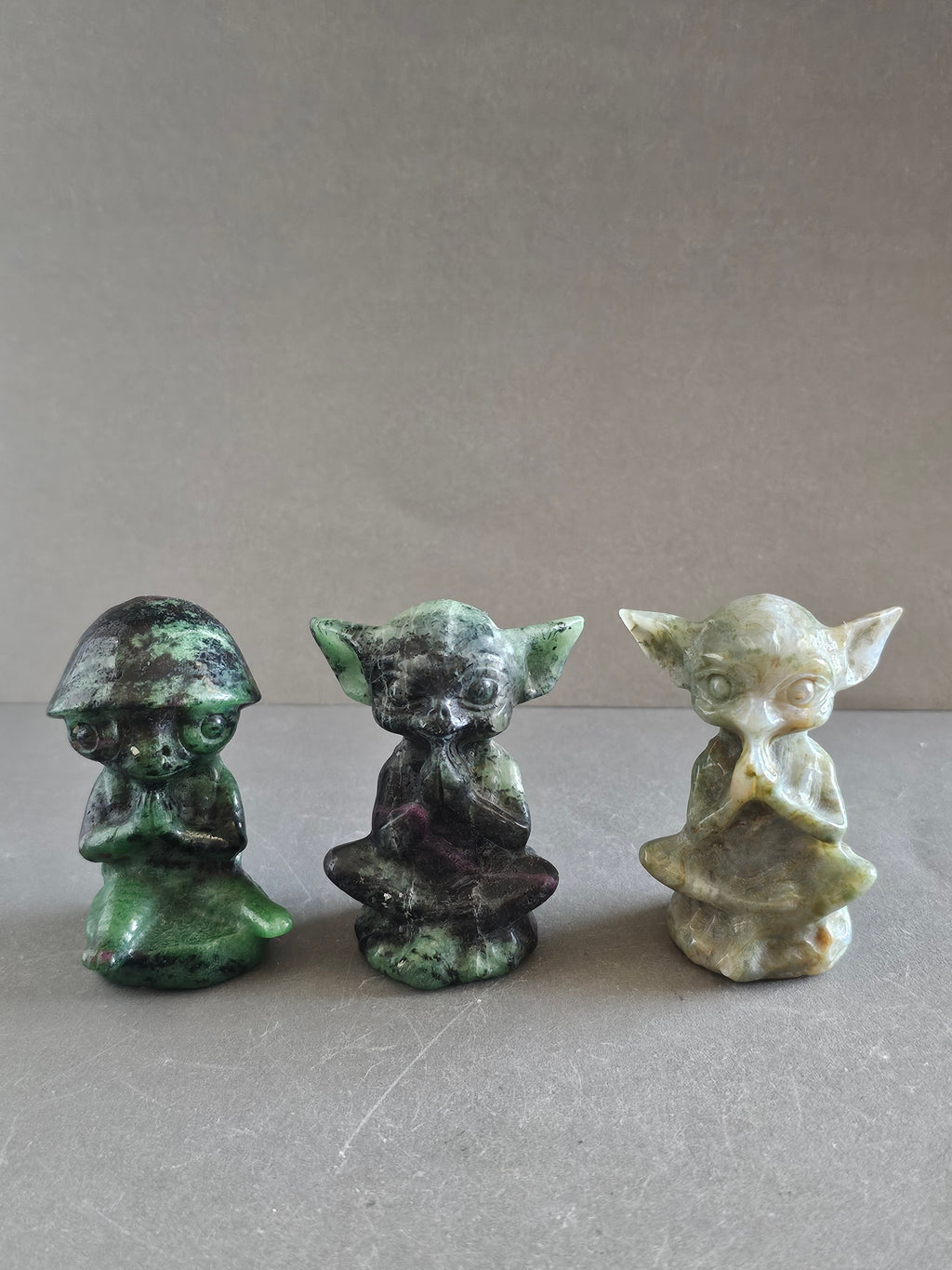 Meditating Alien Crystal Carvings – 2” Tall | Moss Agate & Ruby Zoisite | Peace, Growth & Cosmic Energy