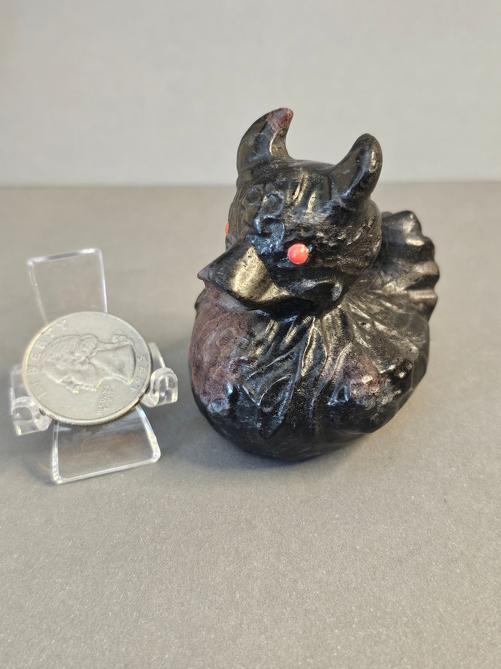 Garnet Arfvedsonite Duck with Horns & Skulls – Dark Whimsical Crystal Carving | 2.5 Inches