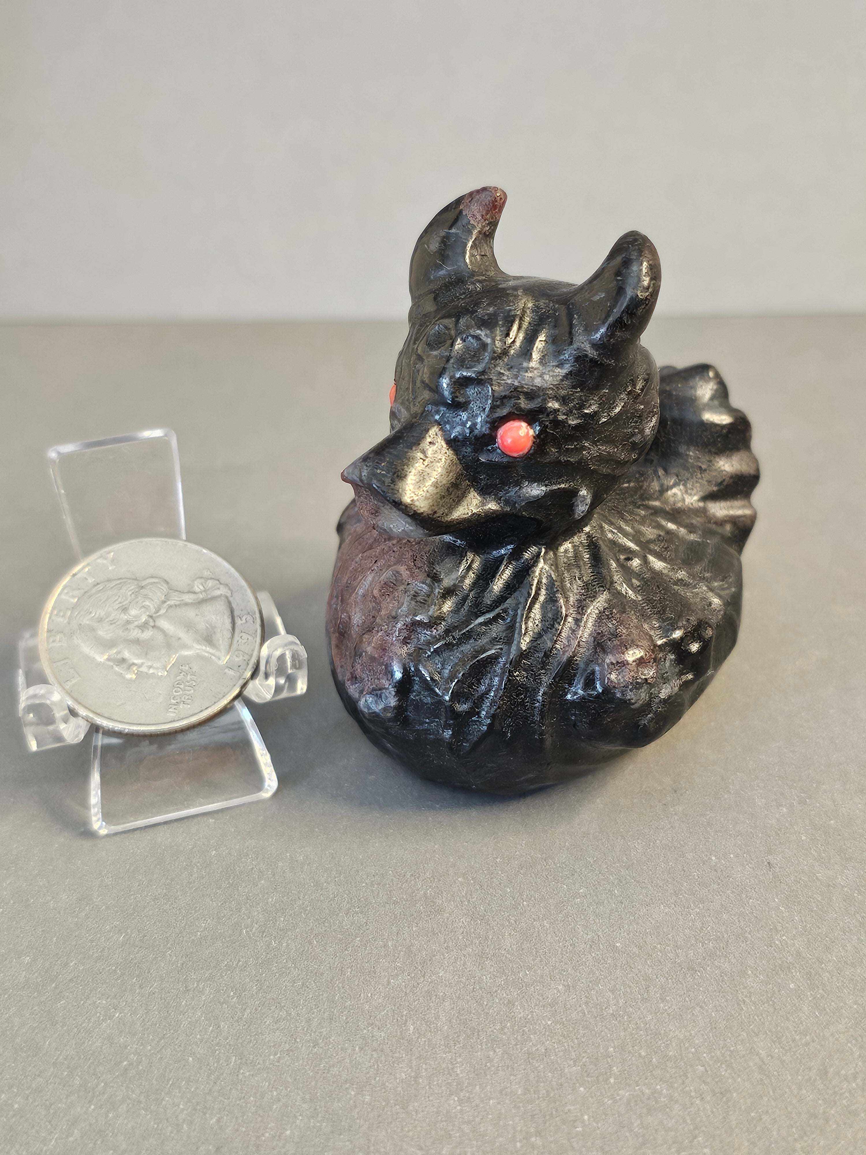 Garnet Arfvedsonite Duck with Horns & Skulls – Dark Whimsical Crystal Carving | 2.5 Inches