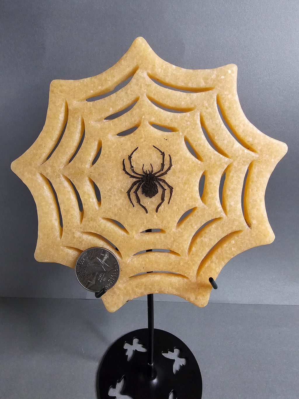 Sunstone Spider Web on Stand with Engraved Spider – 6" Statement Carving
