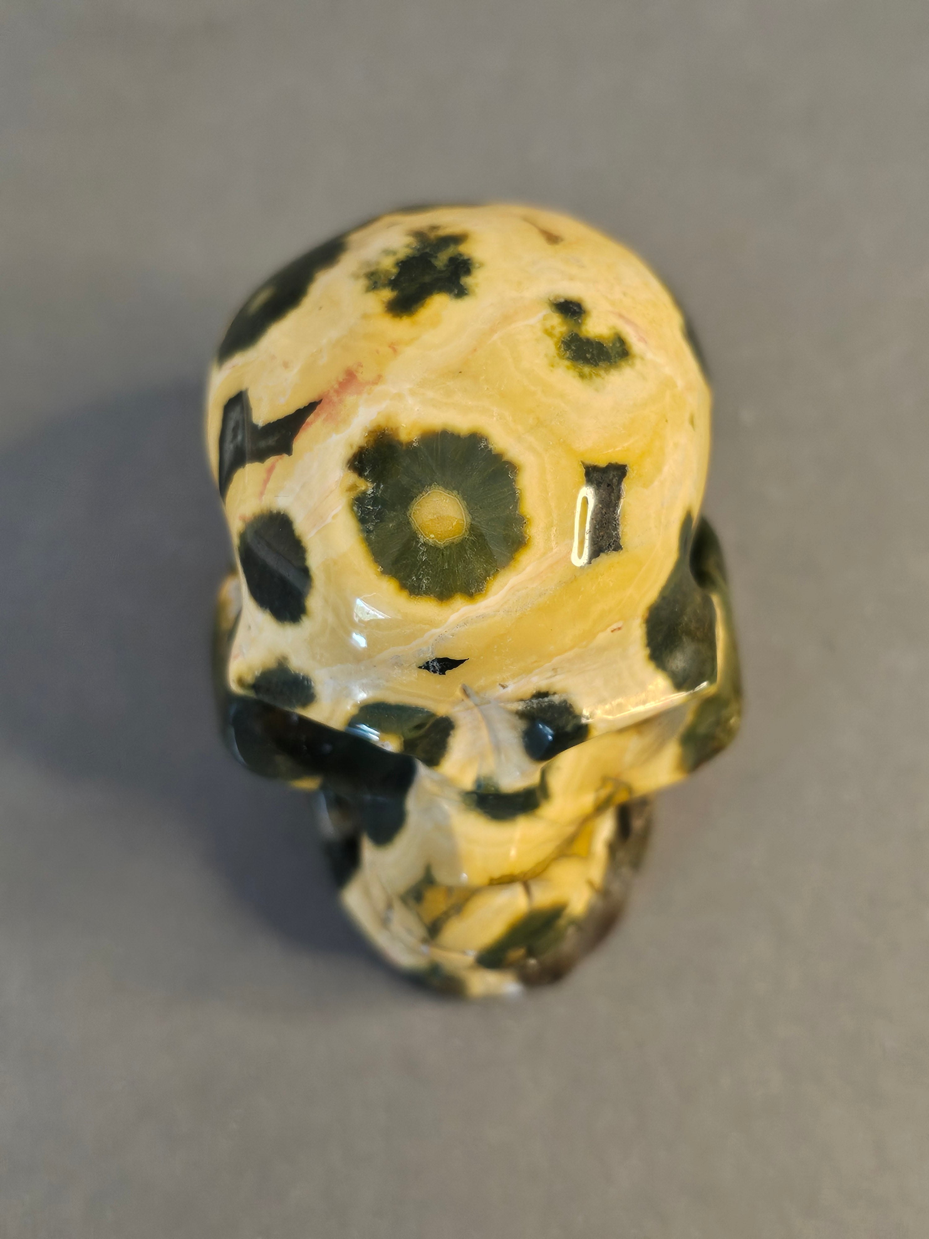 Yellow & Green 8th Vein Ocean Jasper Skull – Orbicular Crystal Skull | 2 Inches
