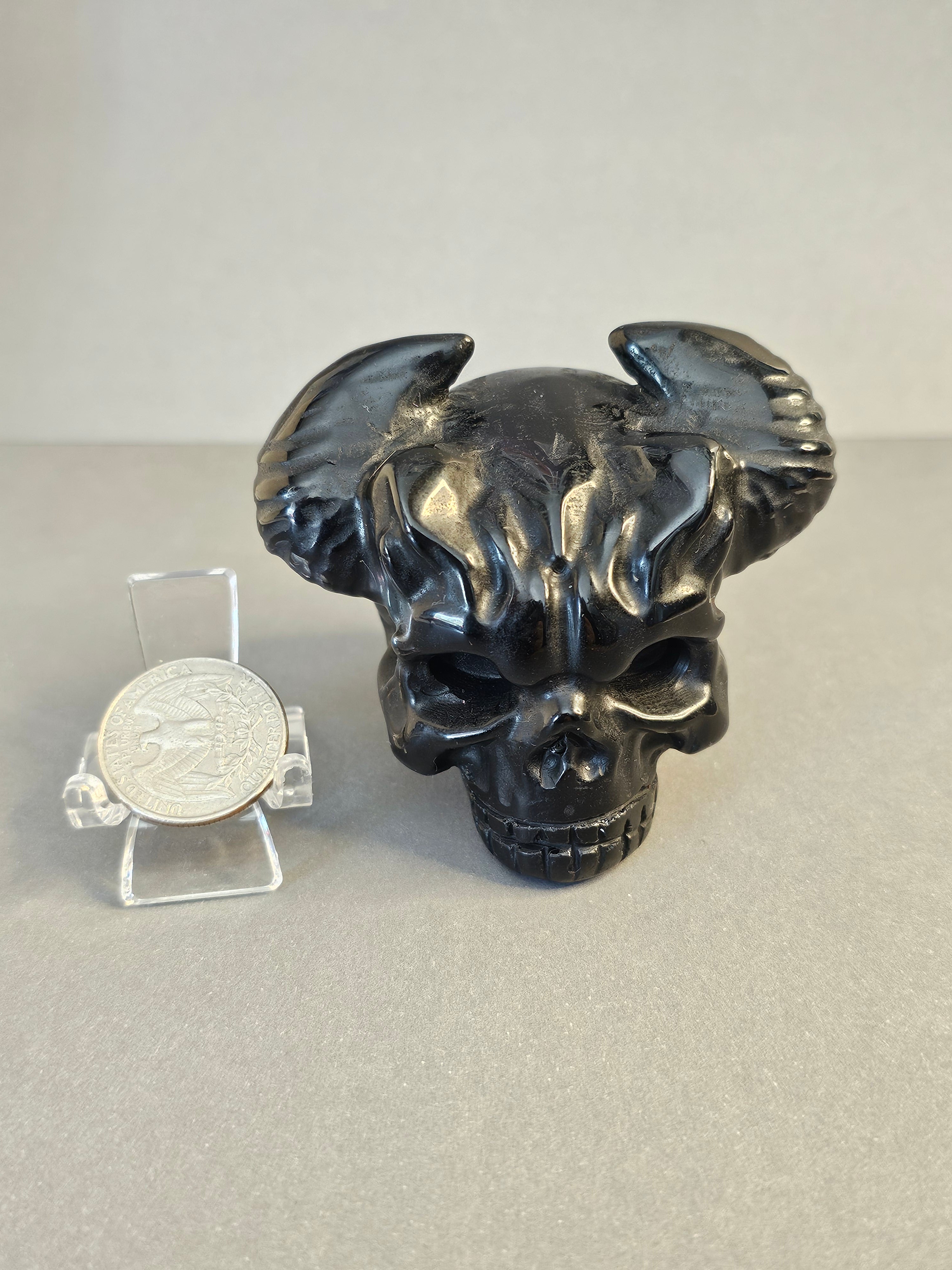 Obsidian Skull with Horns – Dark Protective Crystal Carving | 2.25 Inches