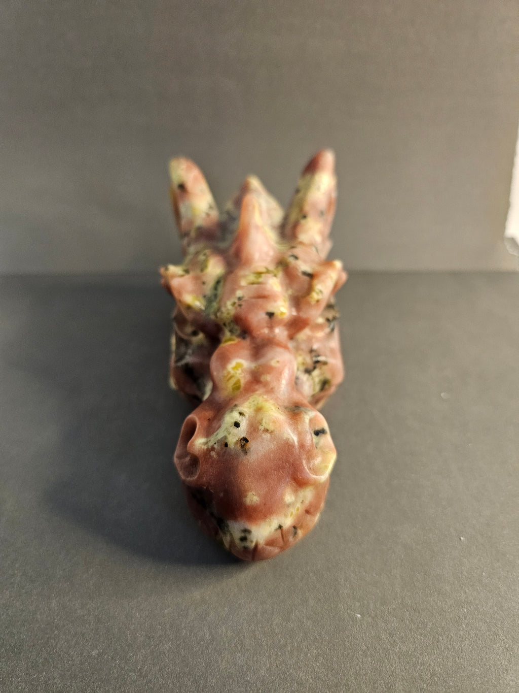Peach Blossom Tourmaline Dragon Skull – Love, Strength & Transformation Crystal Carving | 6 Inches Long