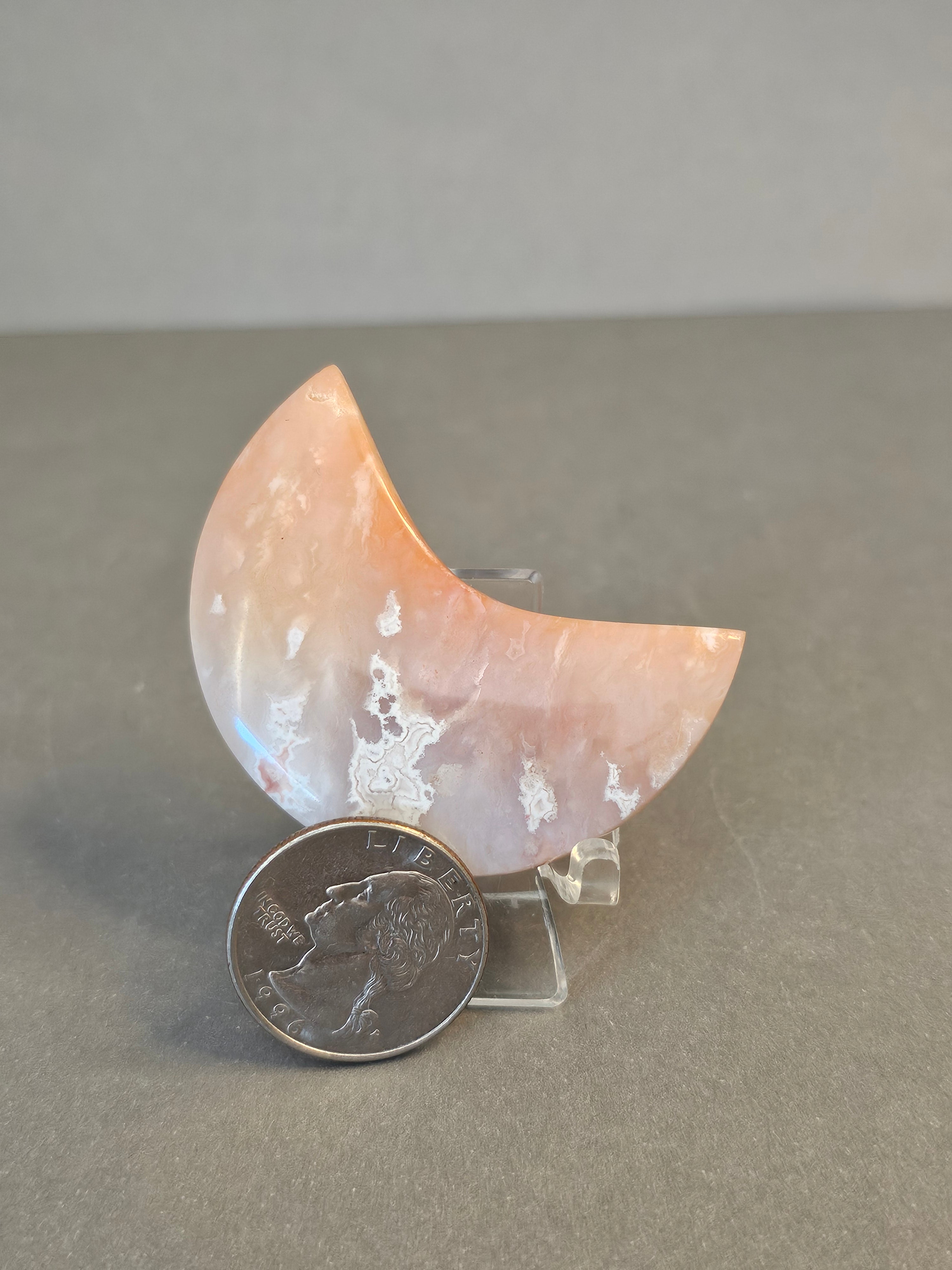 Orange Plume Agate Moon – Lunar Fire Crystal on Stand | 2 Inches