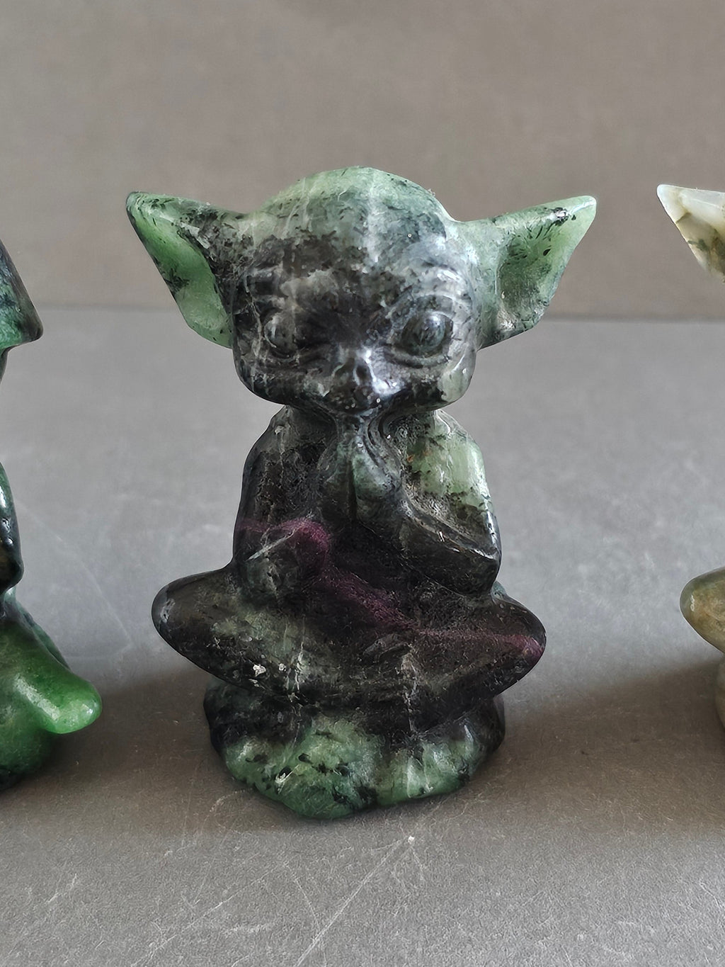 Meditating Alien Crystal Carvings – 2” Tall | Moss Agate & Ruby Zoisite | Peace, Growth & Cosmic Energy