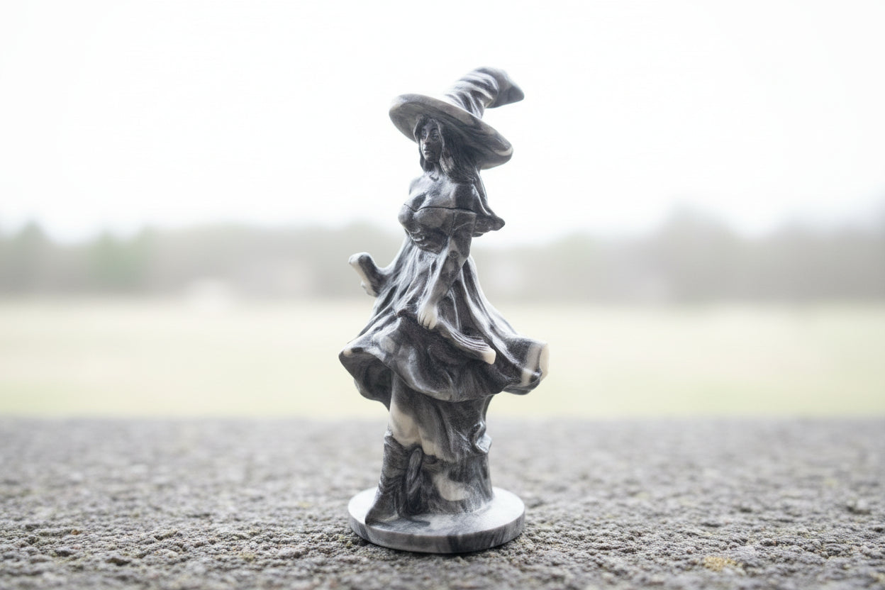 Witch with Broken Broom – Resilience & Heart Magic Crystal Carving | 6 Inches