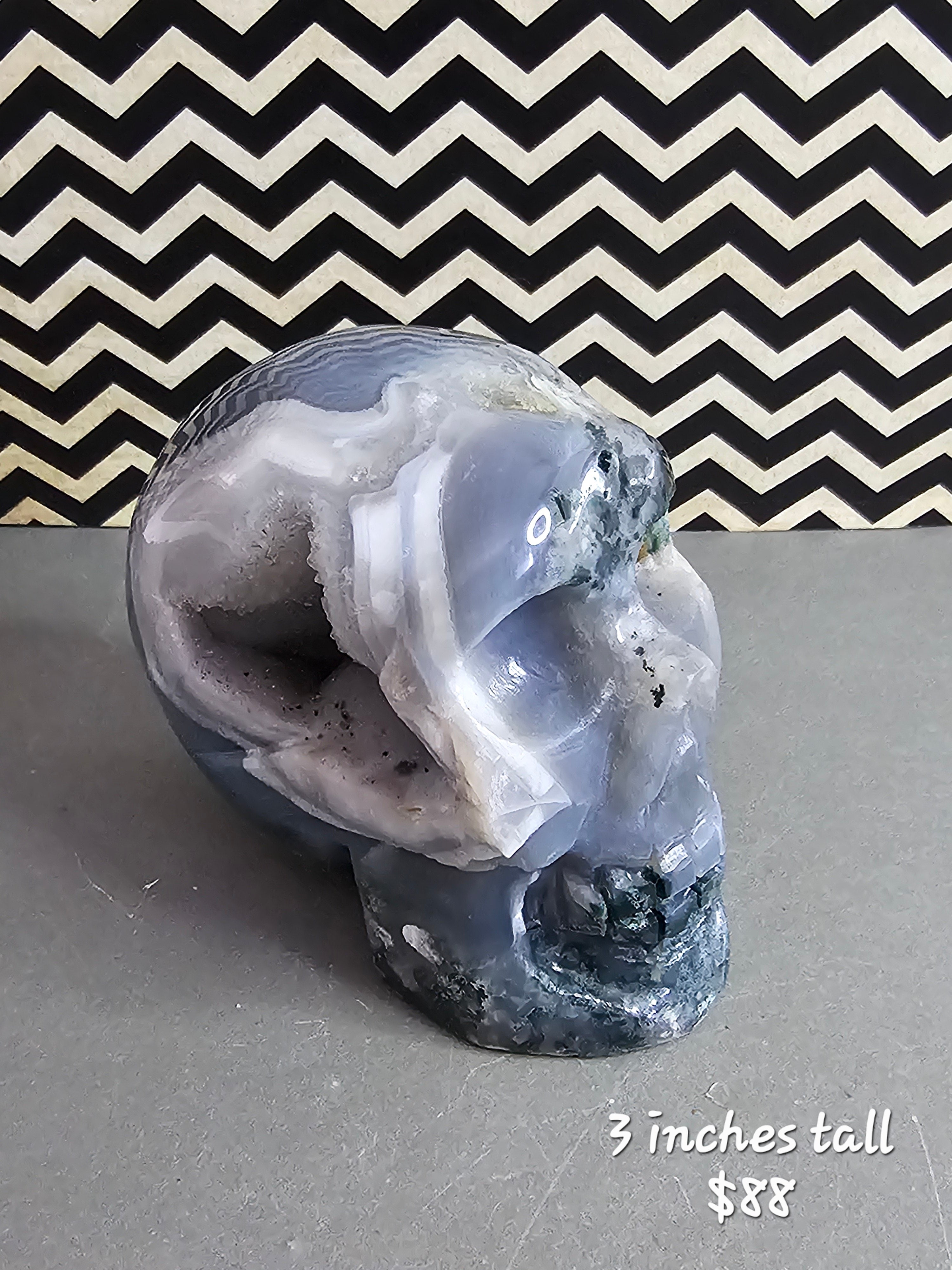 Brazilian Moss Agate Skull with Sugar Druzy