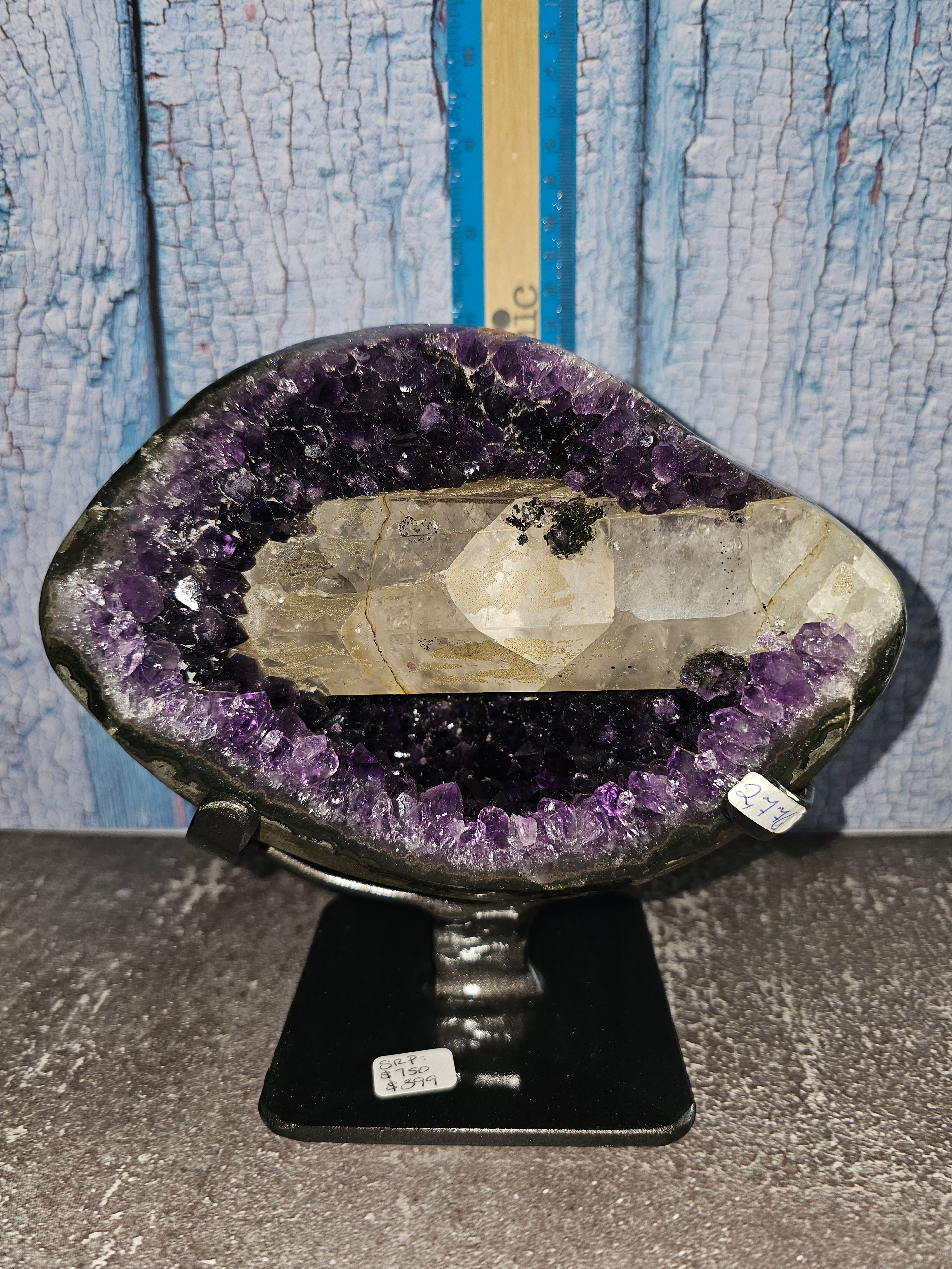 Amethyst Geode Half with UV Reactive Rod – Custom Metal Stand | 9 Inches
