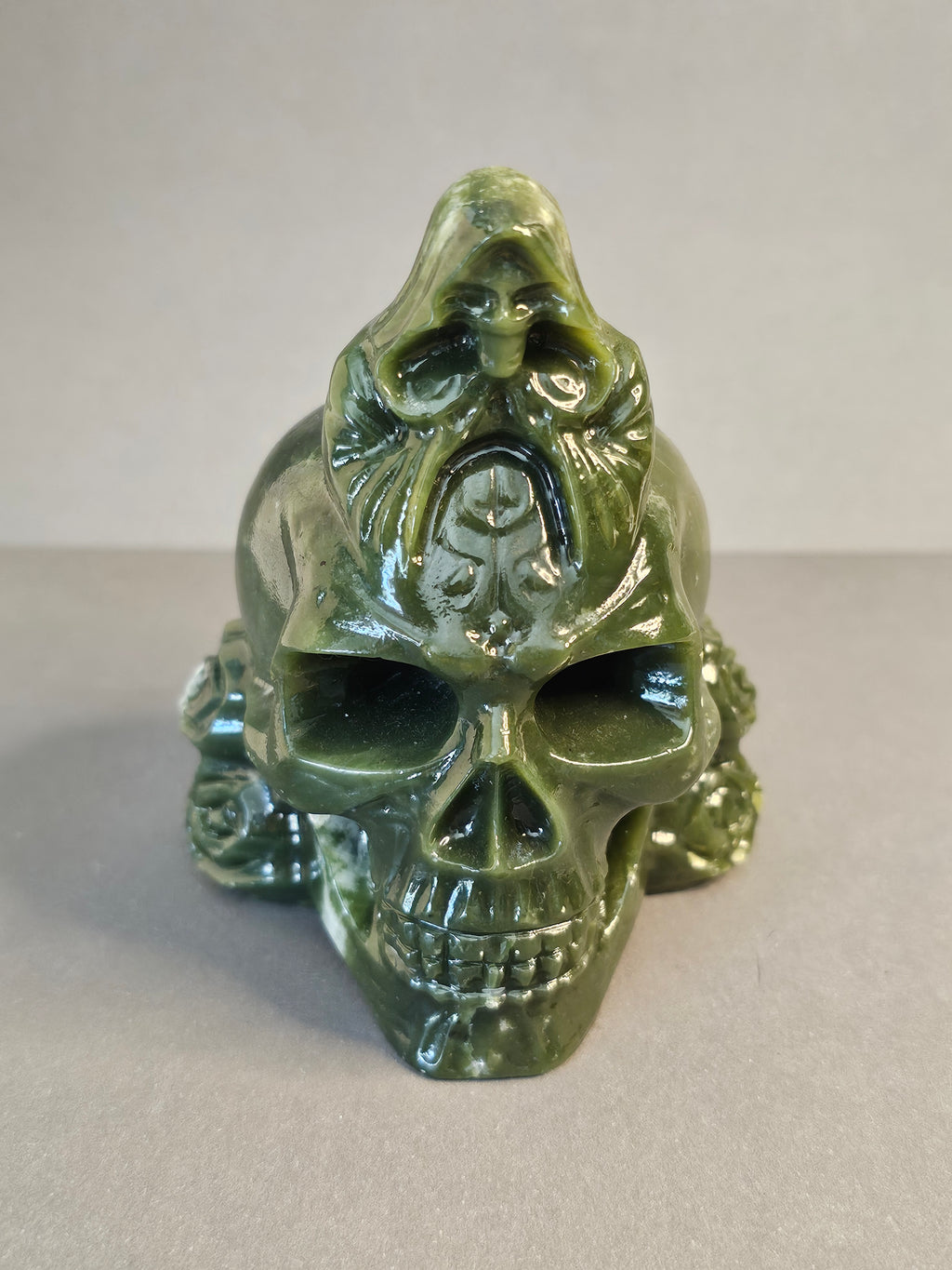 Jade Reaper on Skull – Guardian of Transition Crystal Carving | 4 Inches