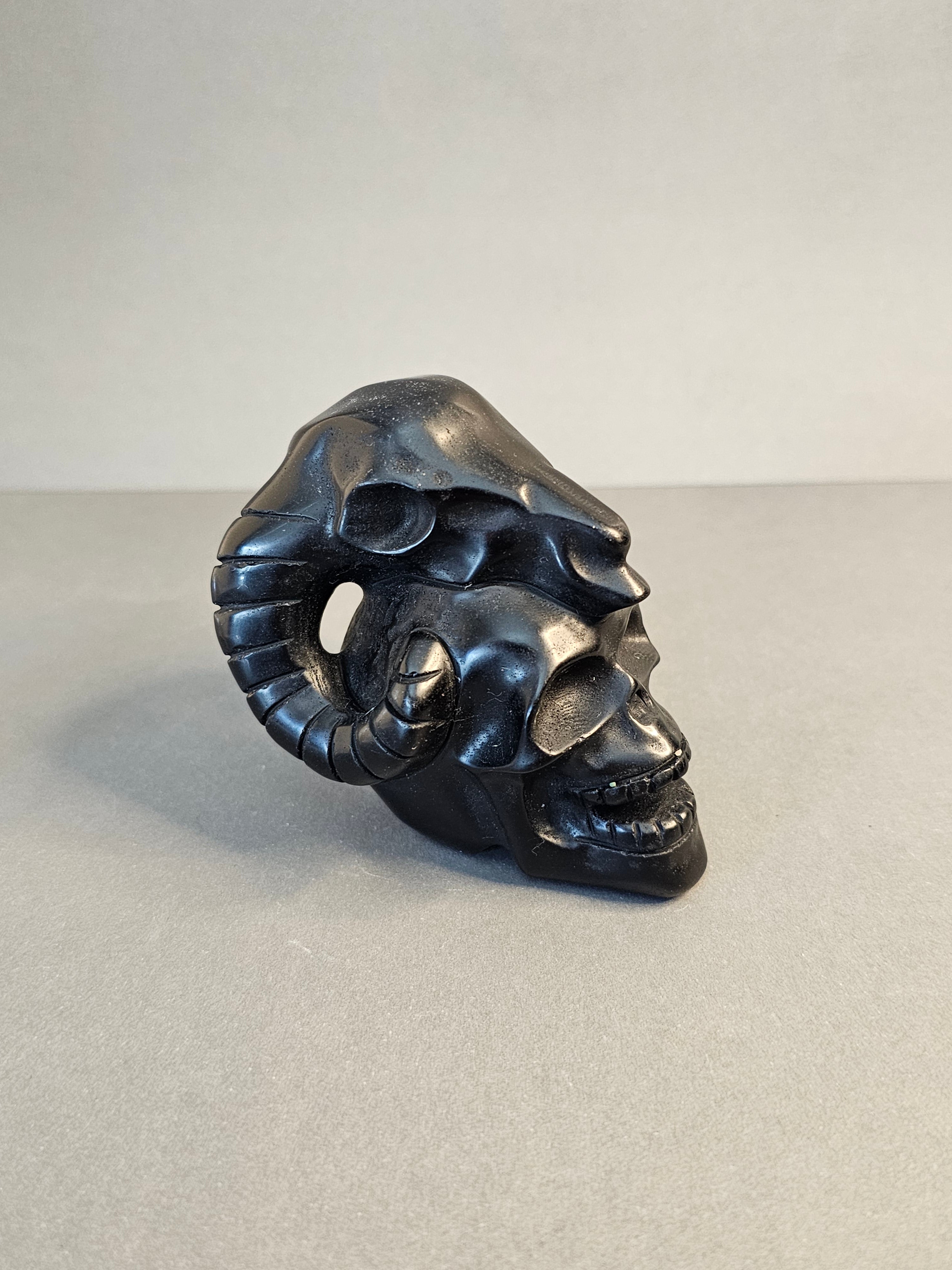 Obsidian Ram Skull on Skull – Strength & Shadow Crystal Carving | 3.25 Inches