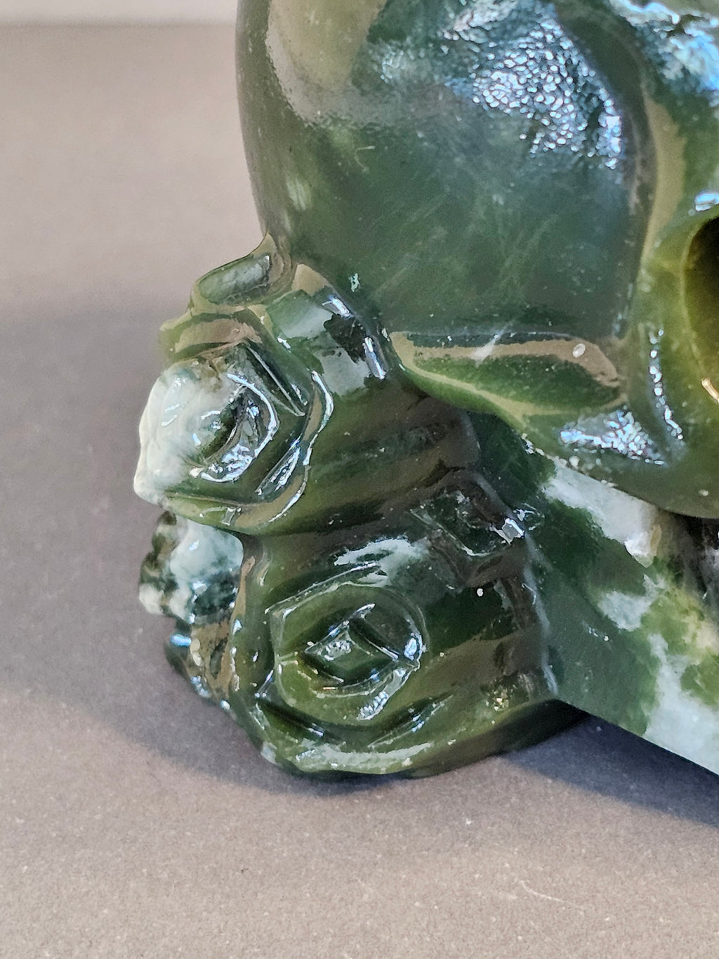 Jade Reaper on Skull – Guardian of Transition Crystal Carving | 4 Inches