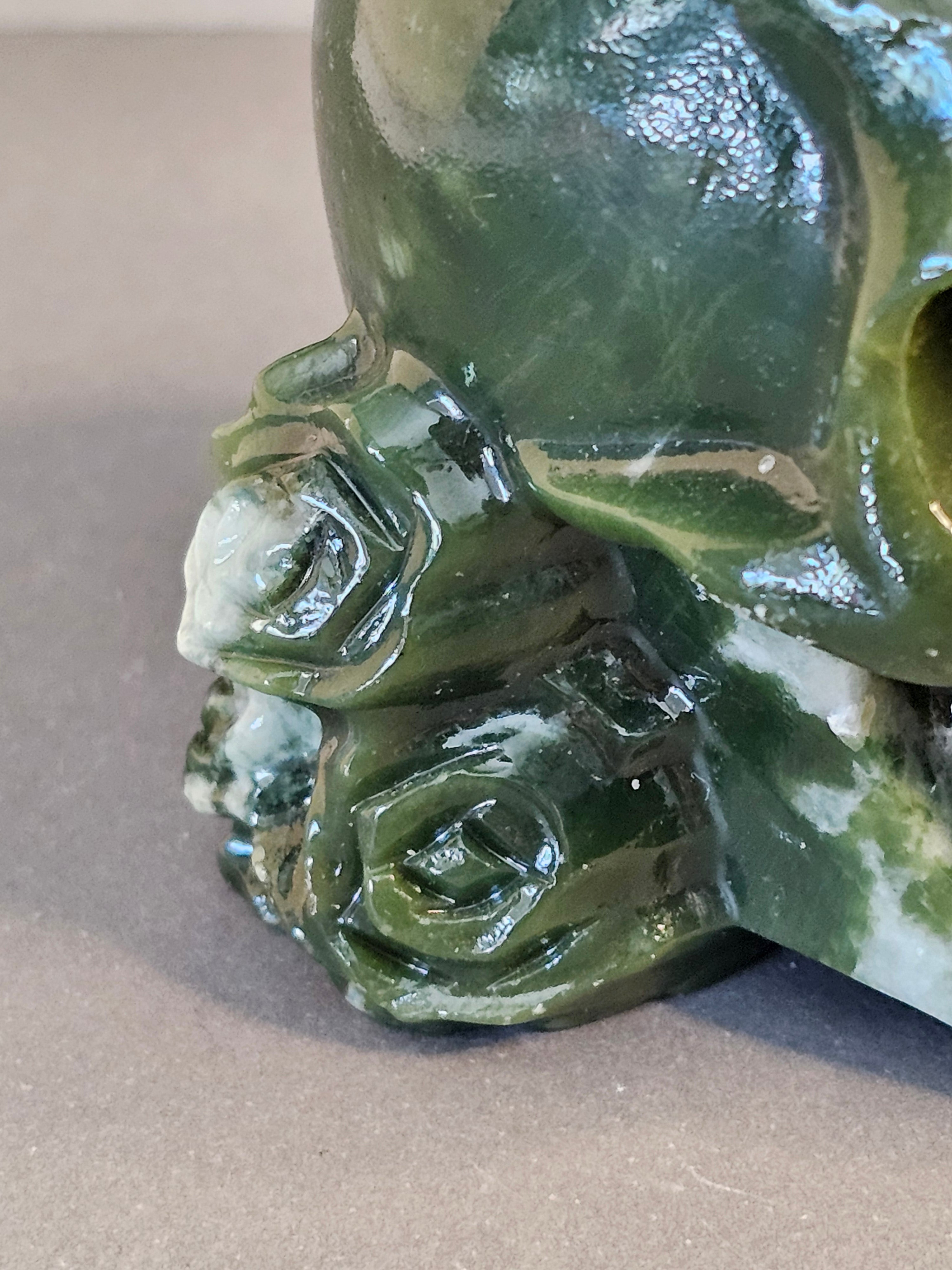 Jade Reaper on Skull – Guardian of Transition Crystal Carving | 4 Inches