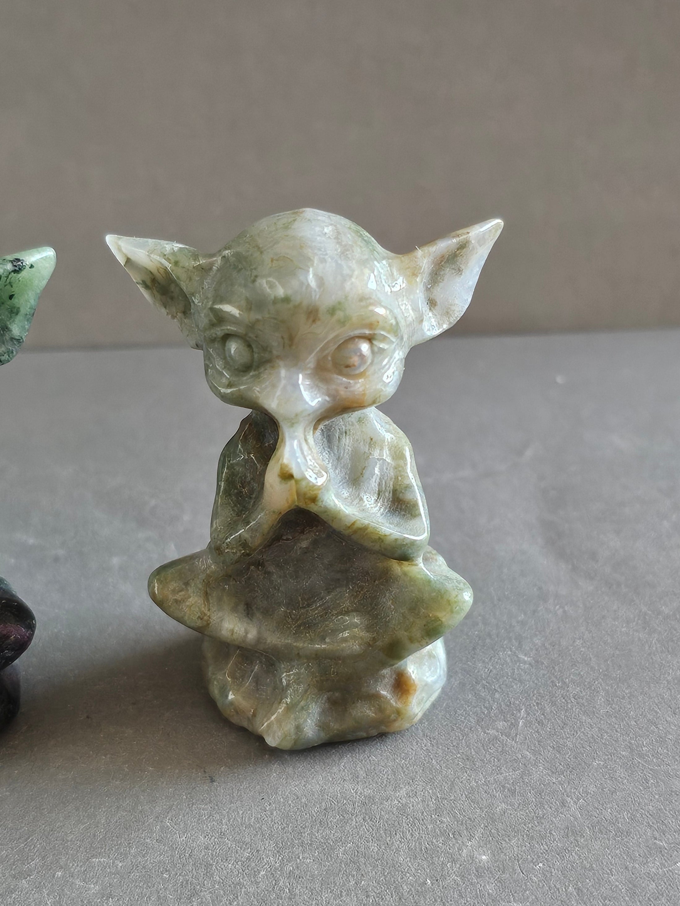 Meditating Alien Crystal Carvings – 2” Tall | Moss Agate & Ruby Zoisite | Peace, Growth & Cosmic Energy