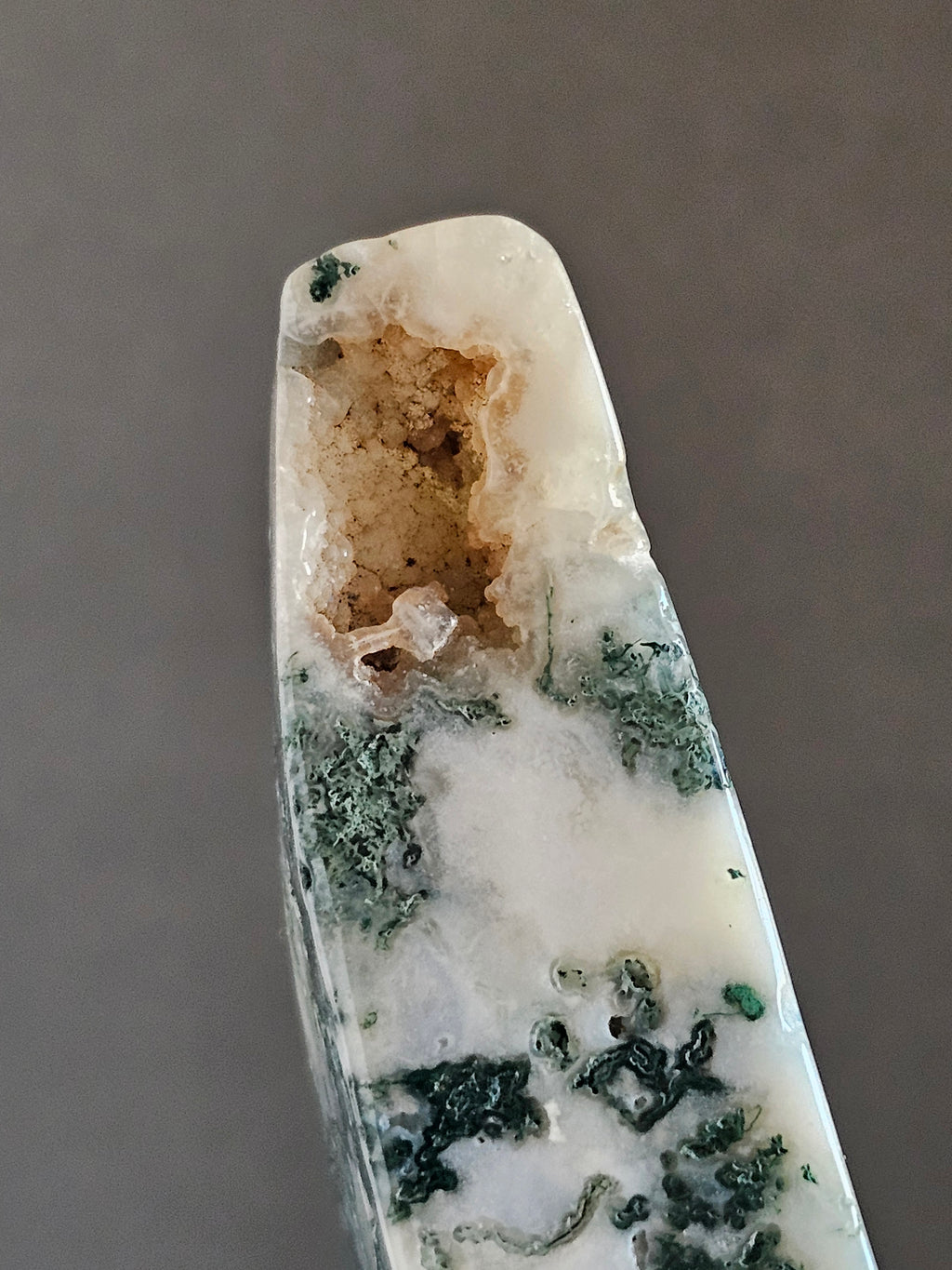 Moss Agate Moon on Stand – 8.5” Tall | Growth, Grounding & Lunar Energy Statement Piece