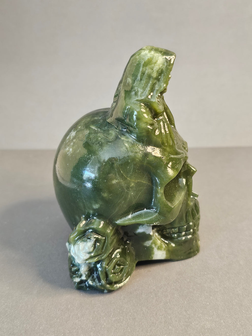 Jade Reaper on Skull – Guardian of Transition Crystal Carving | 4 Inches