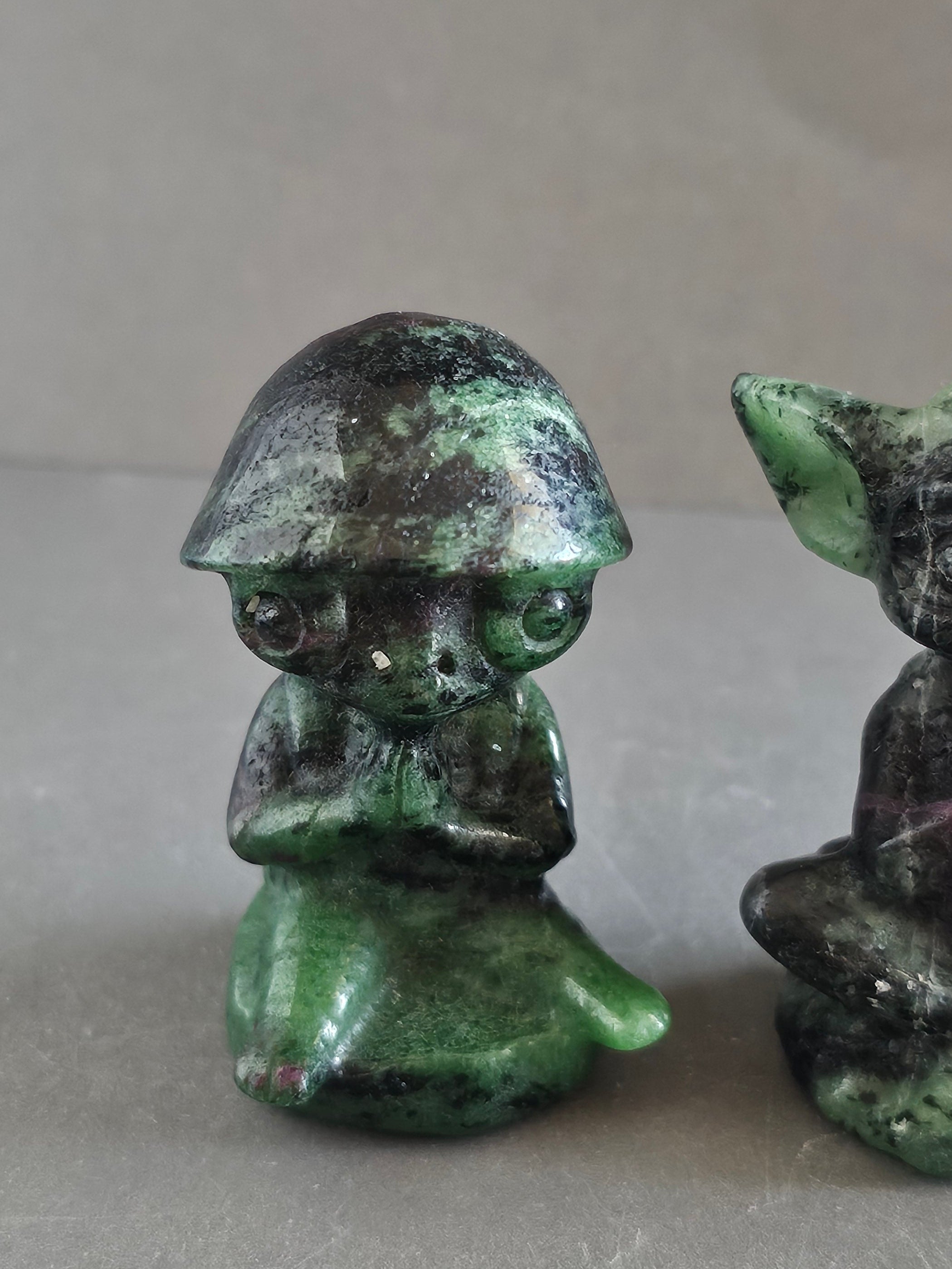 Meditating Alien Crystal Carvings – 2” Tall | Moss Agate & Ruby Zoisite | Peace, Growth & Cosmic Energy