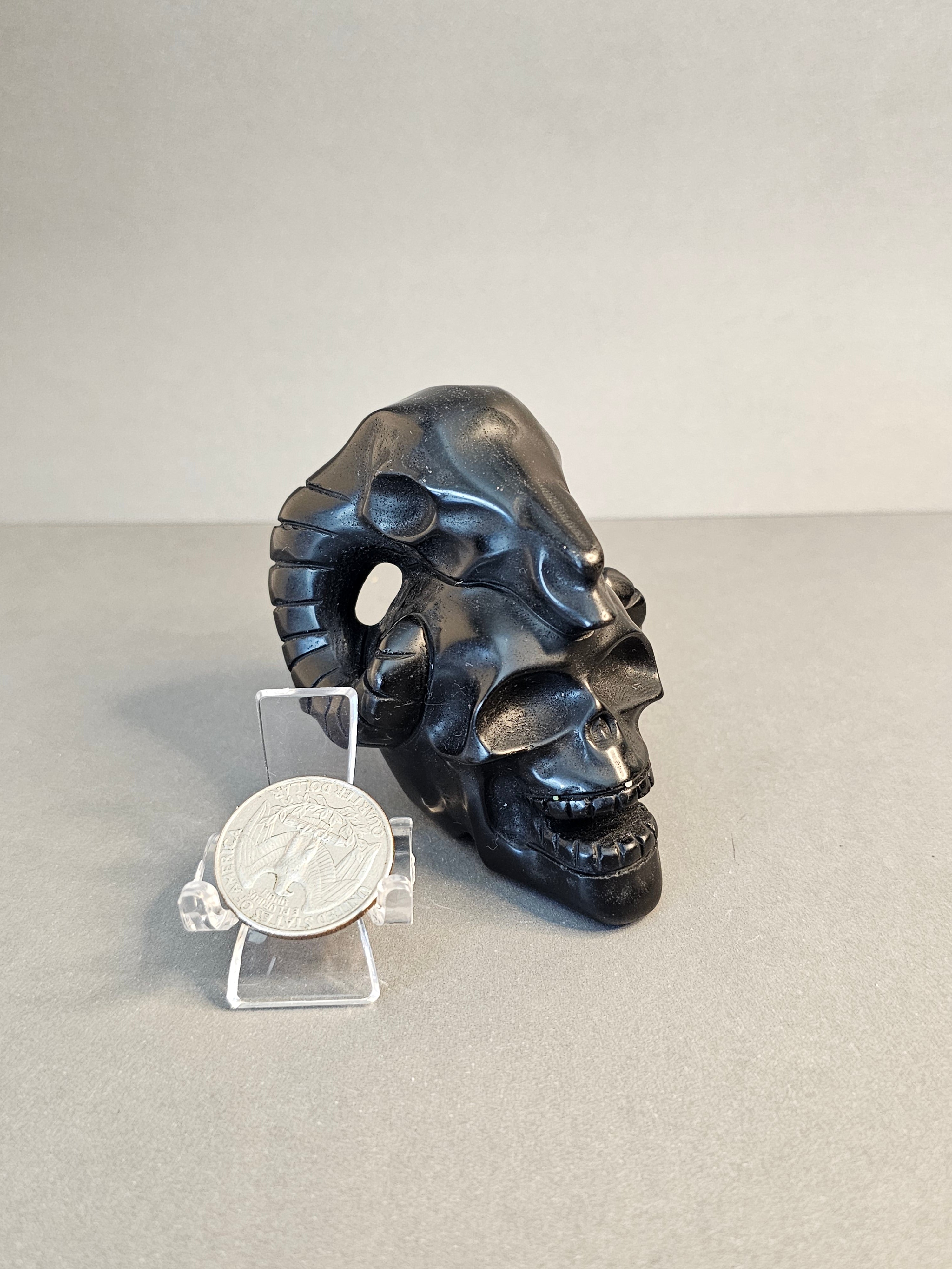 Obsidian Ram Skull on Skull – Strength & Shadow Crystal Carving | 3.25 Inches