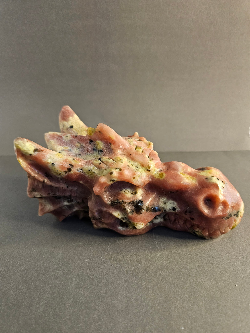 Peach Blossom Tourmaline Dragon Skull – Love, Strength & Transformation Crystal Carving | 6 Inches Long