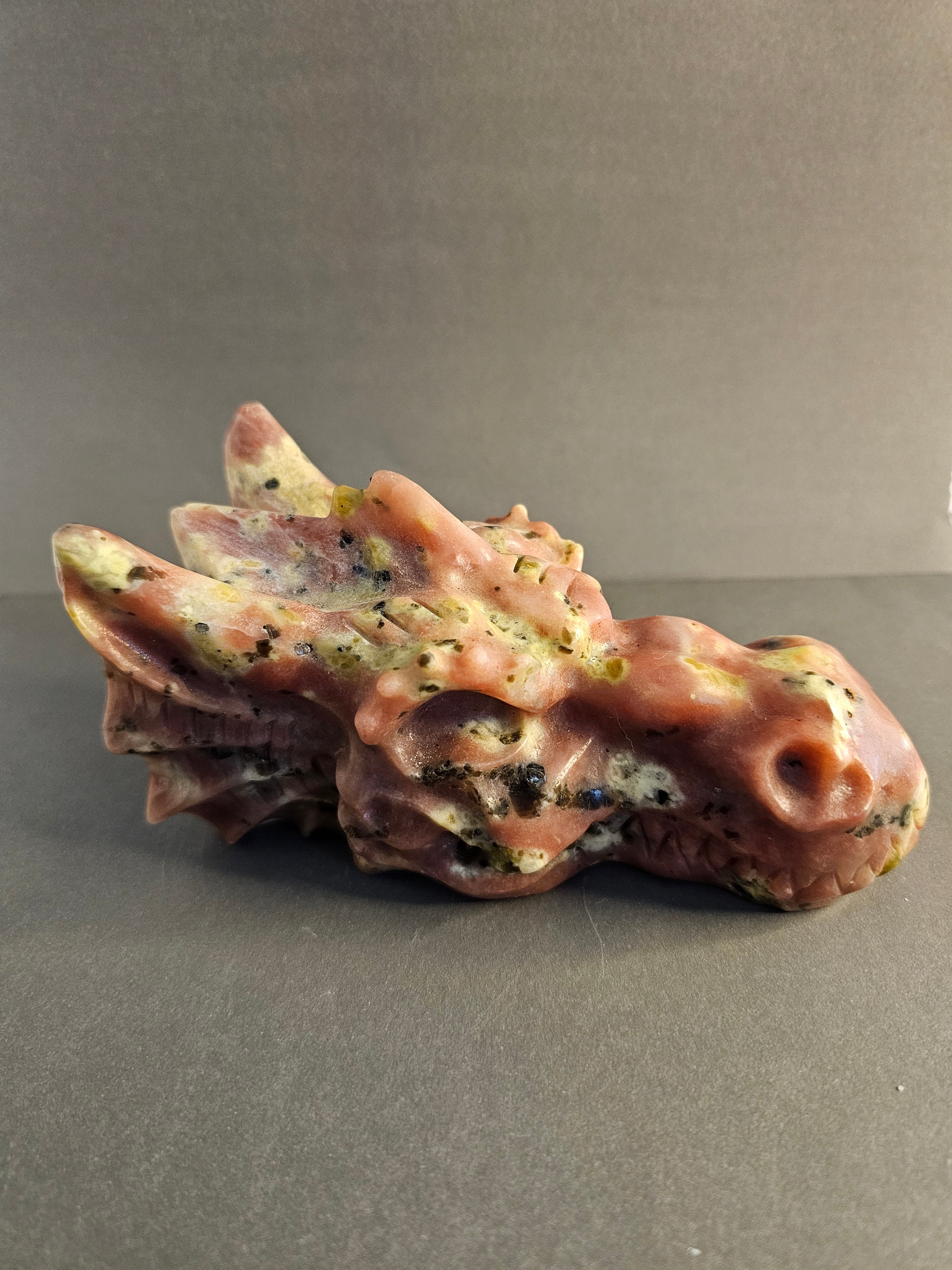 Peach Blossom Tourmaline Dragon Skull – Love, Strength & Transformation Crystal Carving | 6 Inches Long