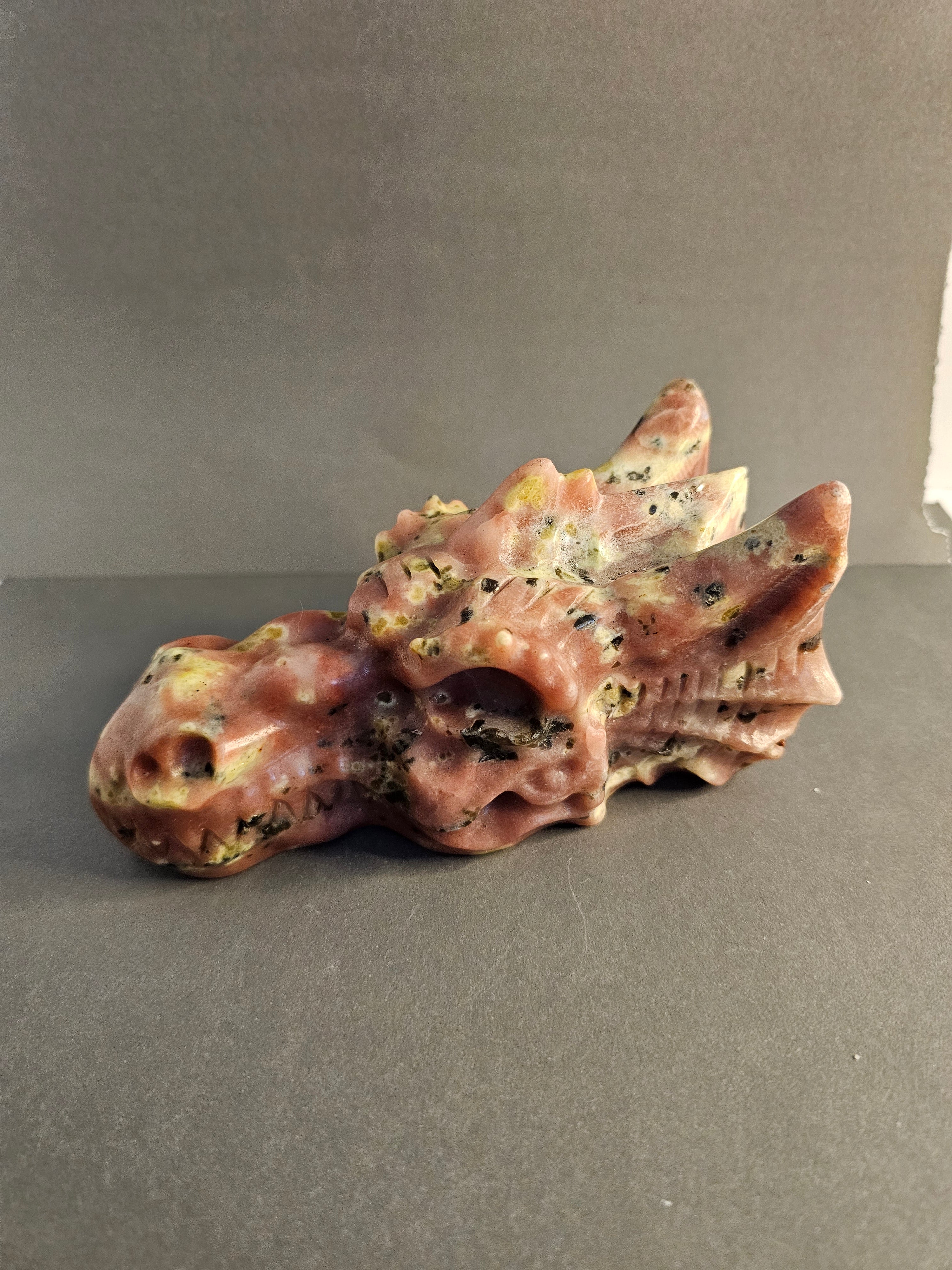 Peach Blossom Tourmaline Dragon Skull – Love, Strength & Transformation Crystal Carving | 6 Inches Long