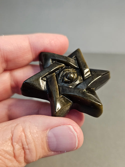 All-Seeing Eye on Hexagram – Golden Obsidian Protection Carving | 2 Inches