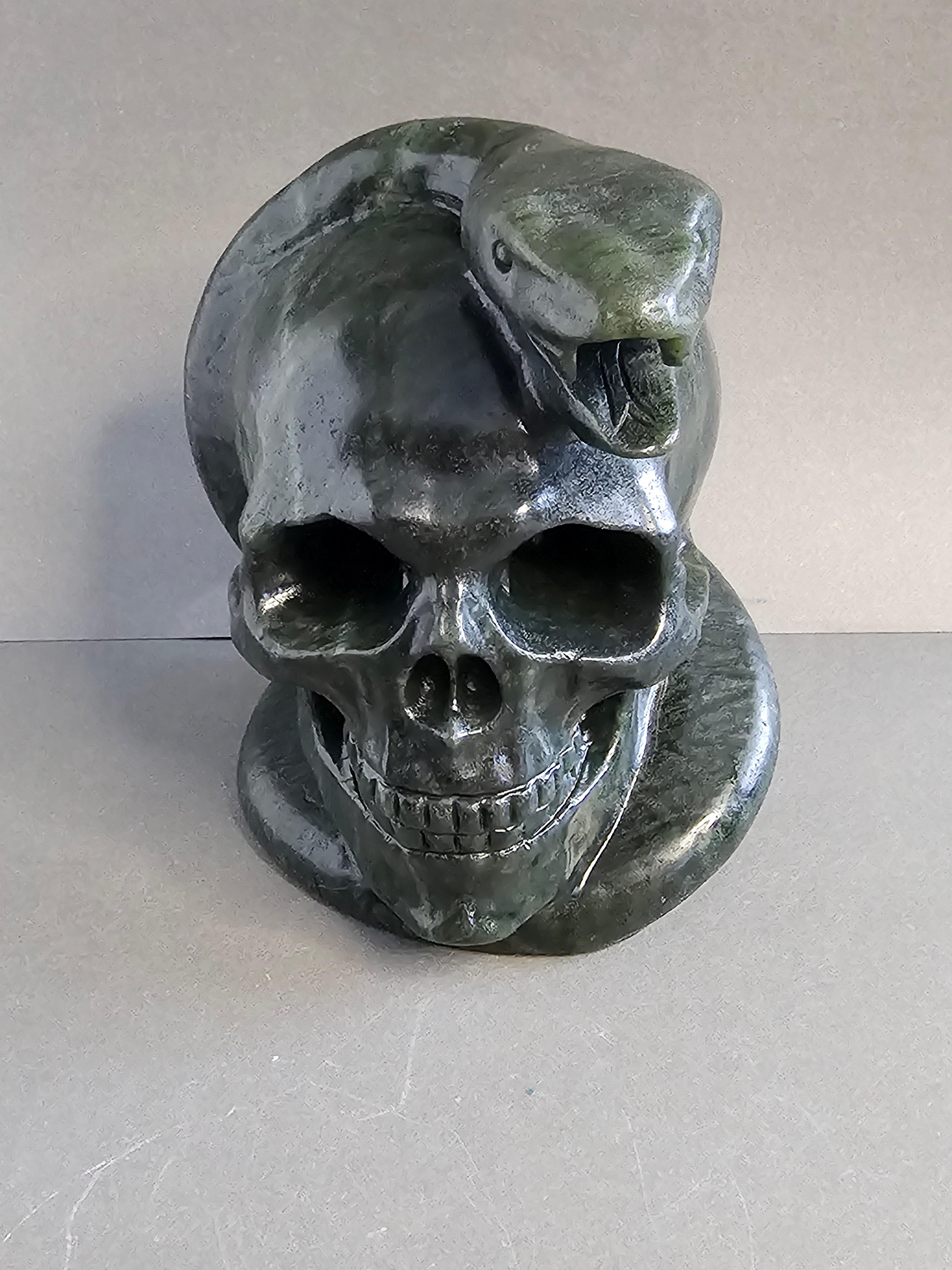 Dark Green Jade Skull with Snake Carving – 4 Inch Crystal Skull