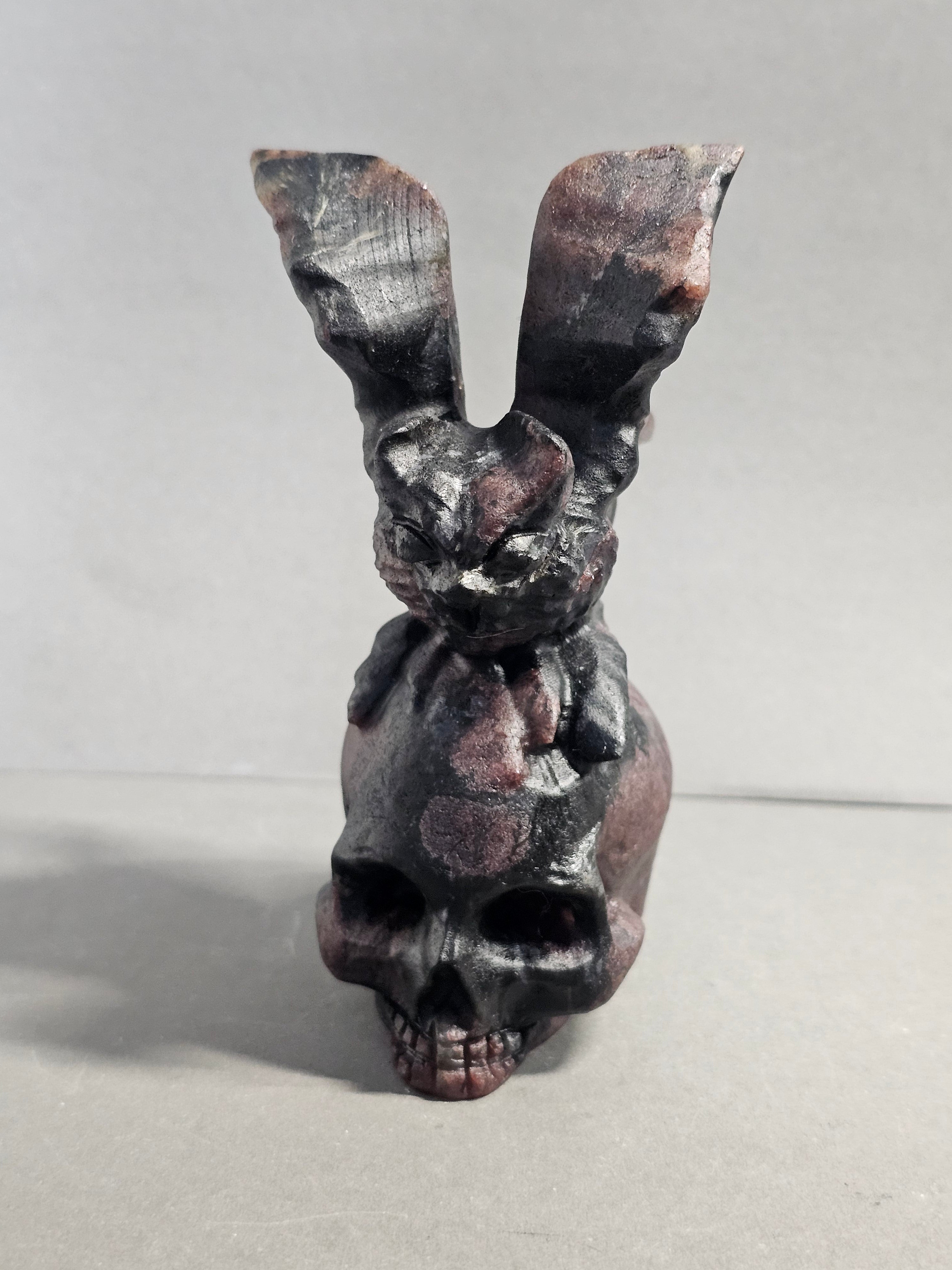 Garnet Astrophyllite Skull with Bat Carving – 4.5 Inch Gothic Crystal Skull